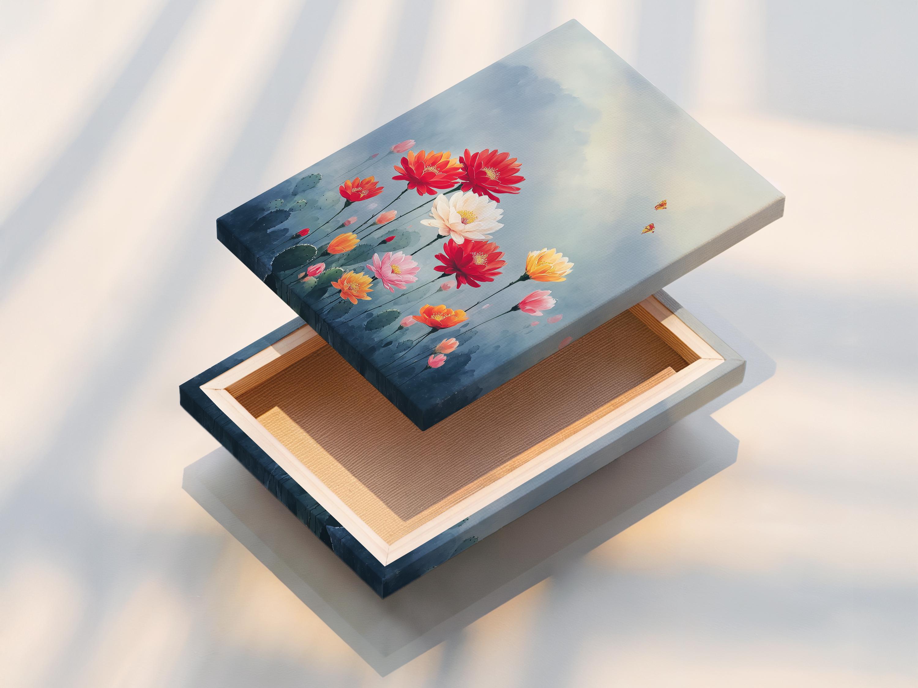 Framed desert flower bouquet artwork on a wall mockup with small butterfly details