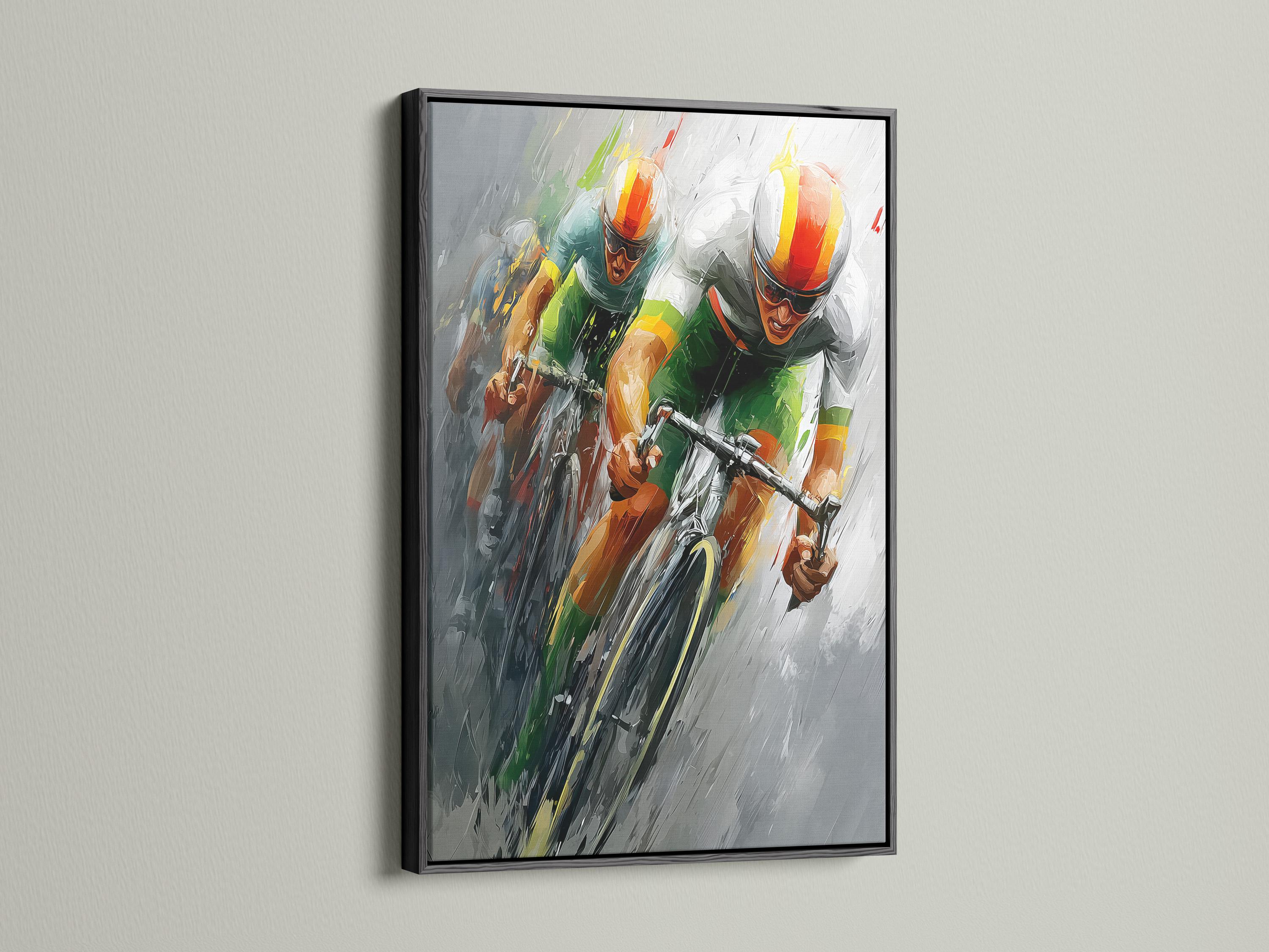 Room mockup showing framed abstract cycling artwork on a light wall