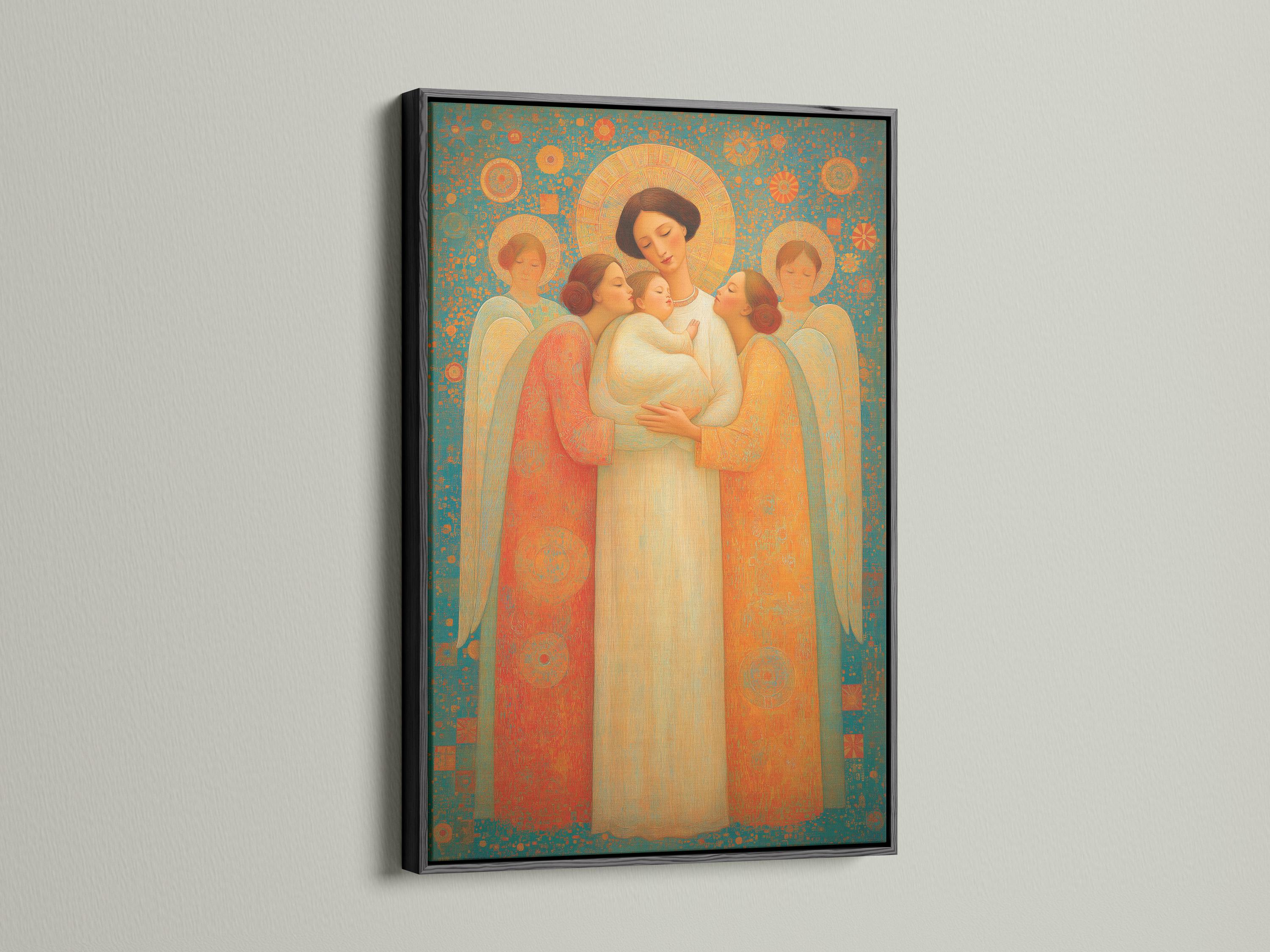 Angel family scene with haloed figures in teal, gold and cream, cradling a baby detail view