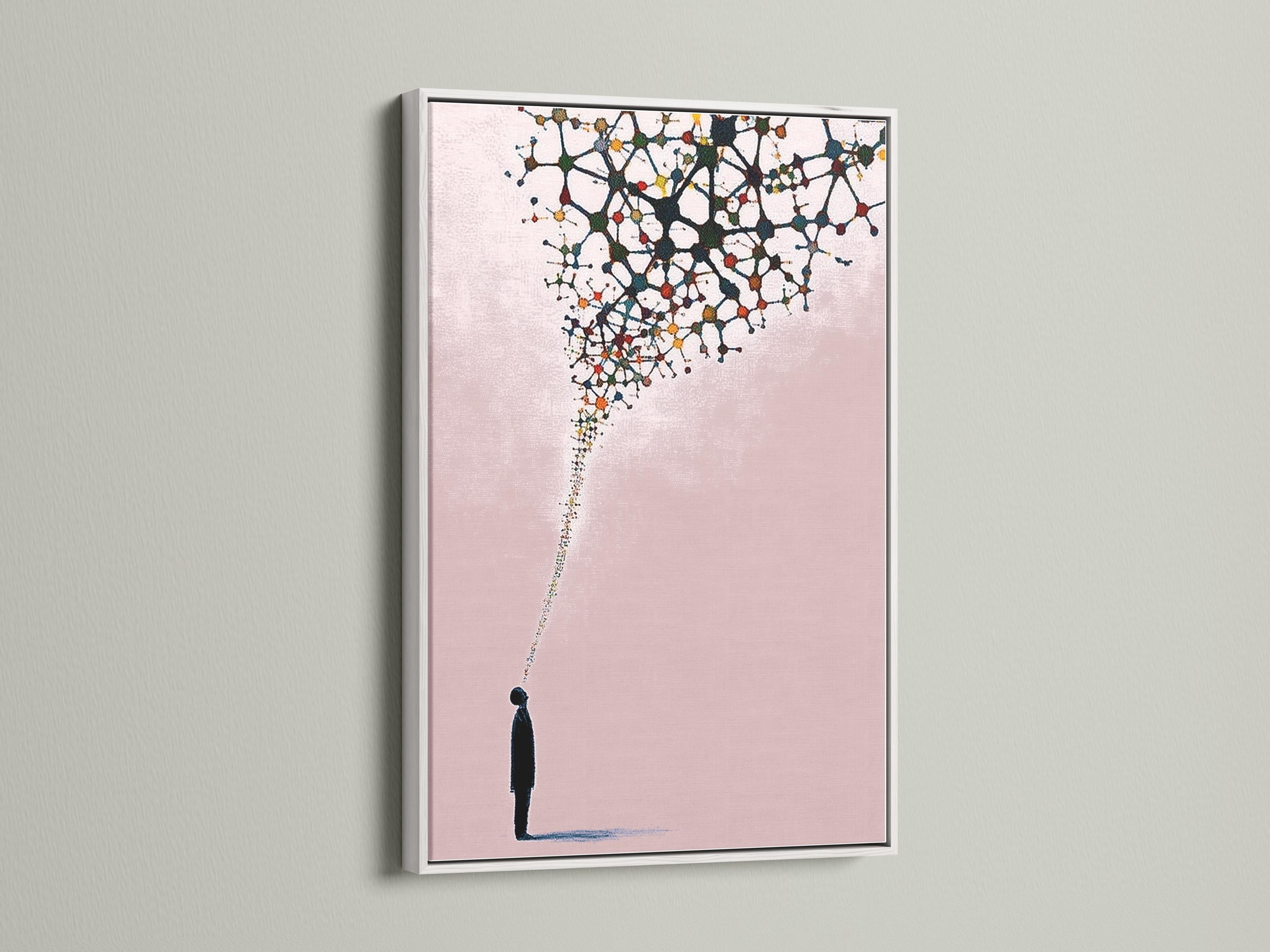 Blush pink abstract artwork with a black silhouette figure and branching network of coloured nodes detail view