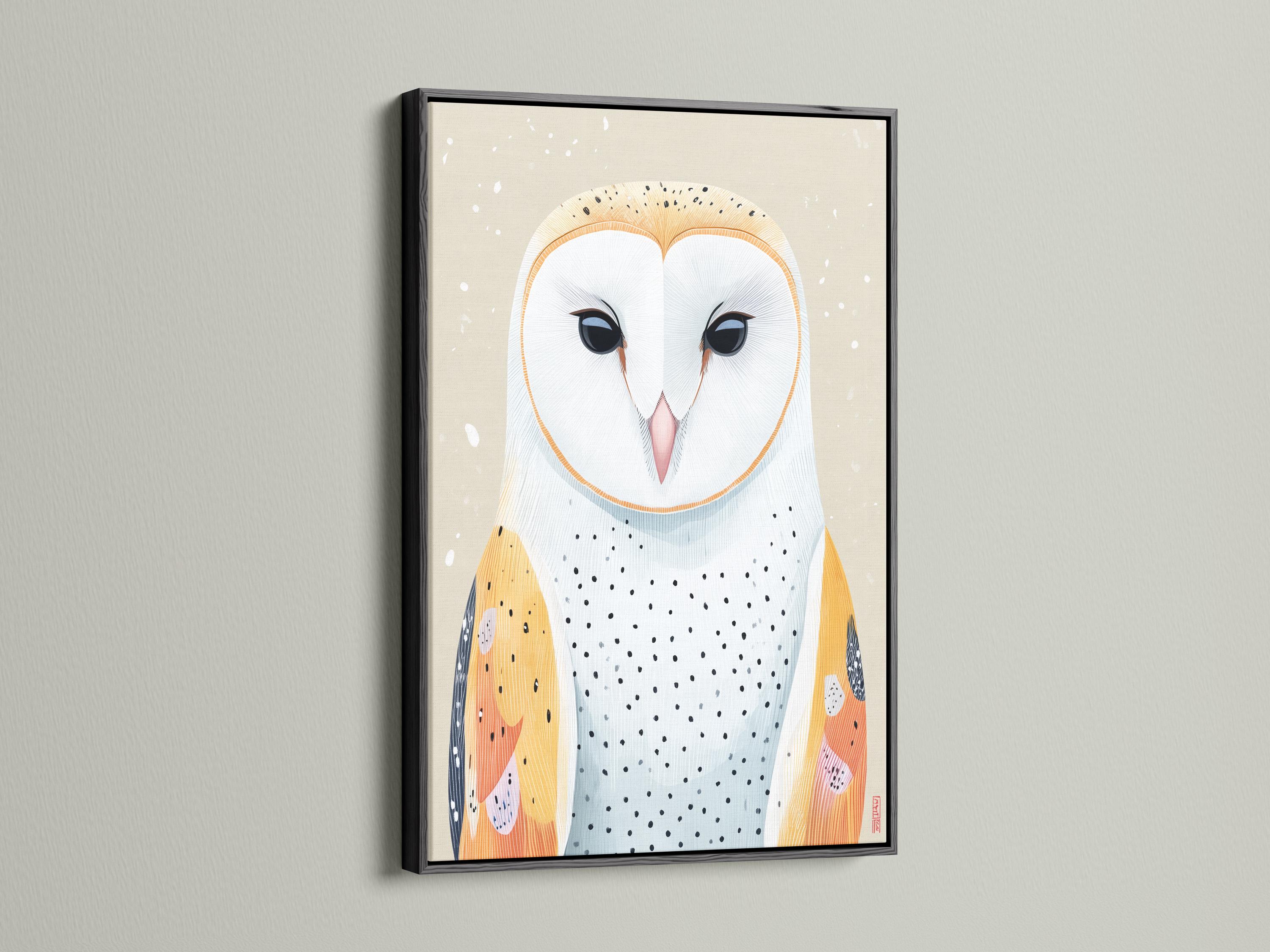 Room mockup showing a framed owl artwork with neutral beige background and orange and blue details