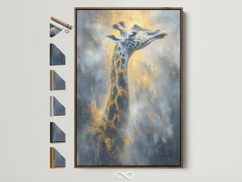 Stylised giraffe portrait in blue and grey with warm gold highlights and speckled texture