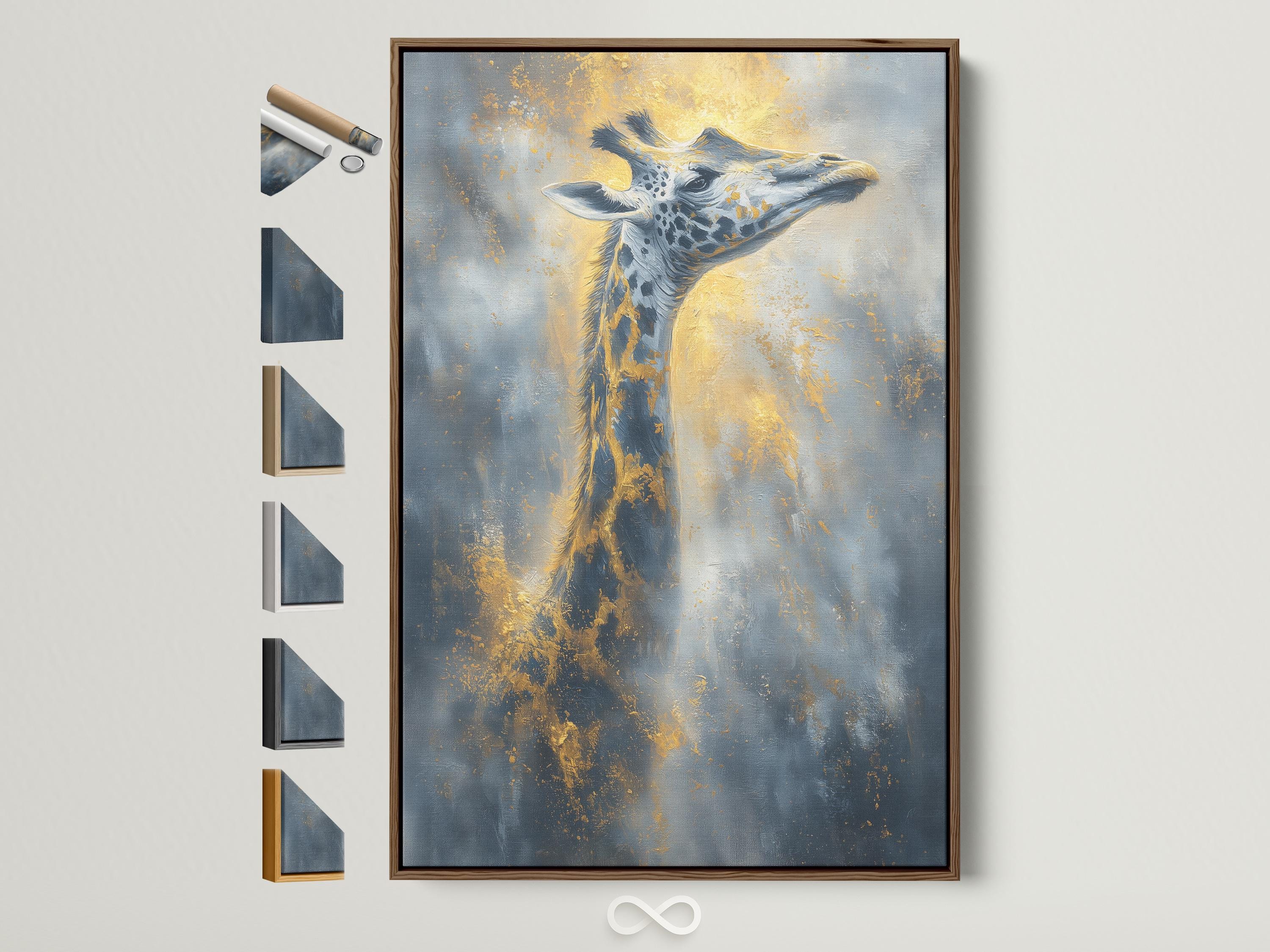 Stylised giraffe portrait in blue and grey with warm gold highlights and speckled texture