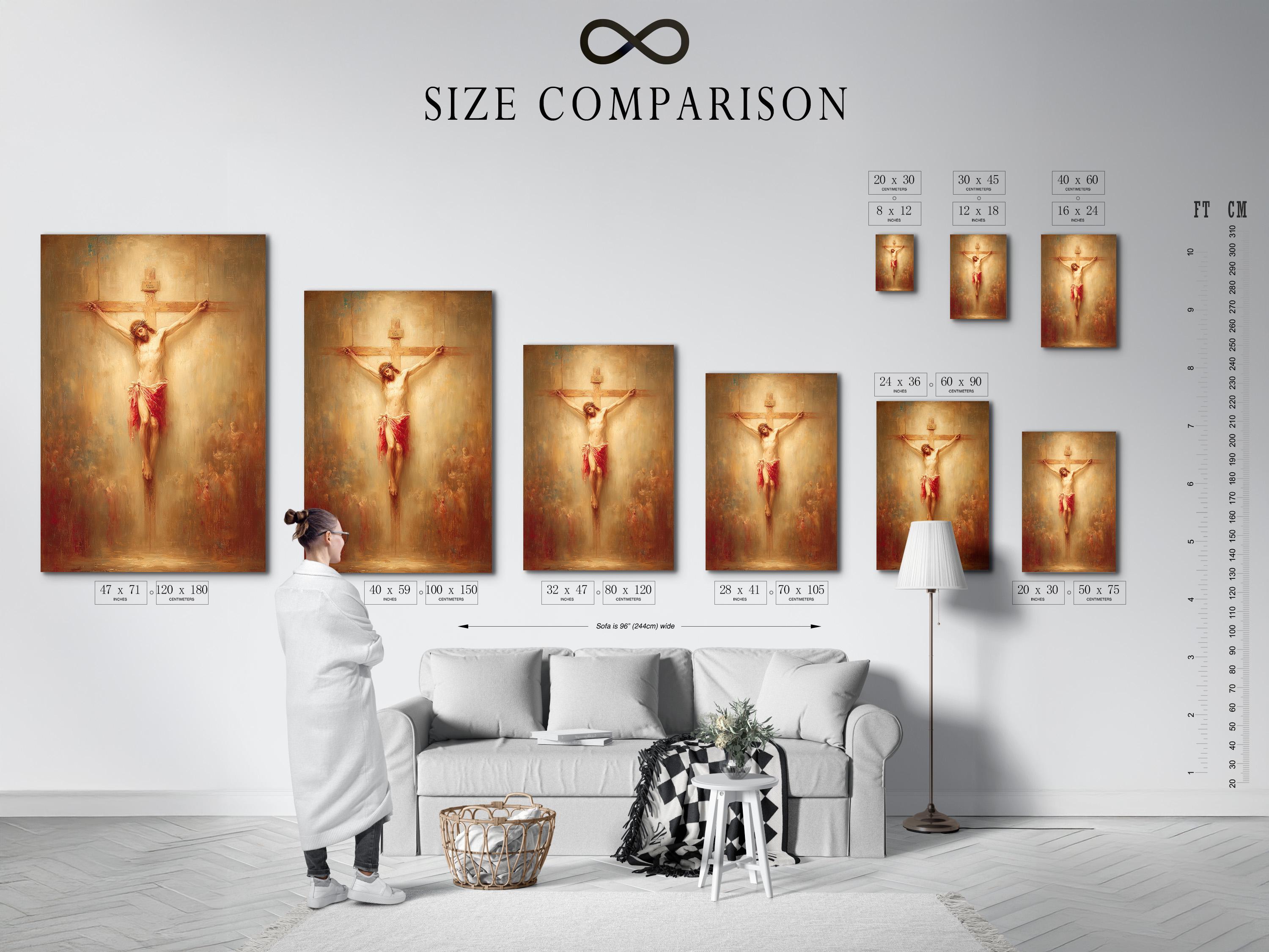 Crucifixion scene painting showing a human figure on a cross with warm beige, gold and red tones detail view