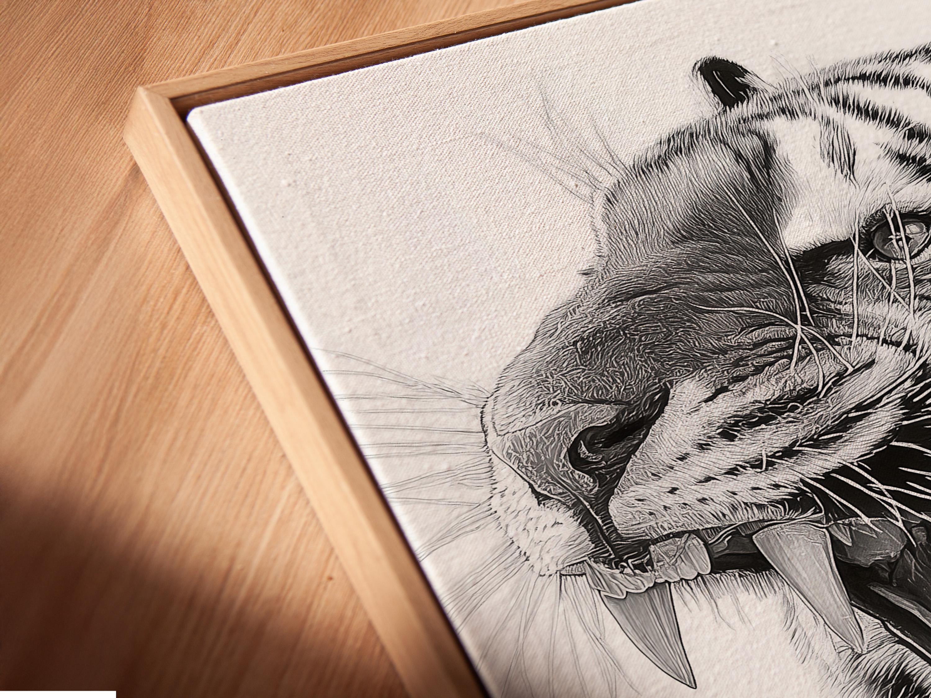 Room mockup showing a framed black and white tiger portrait artwork