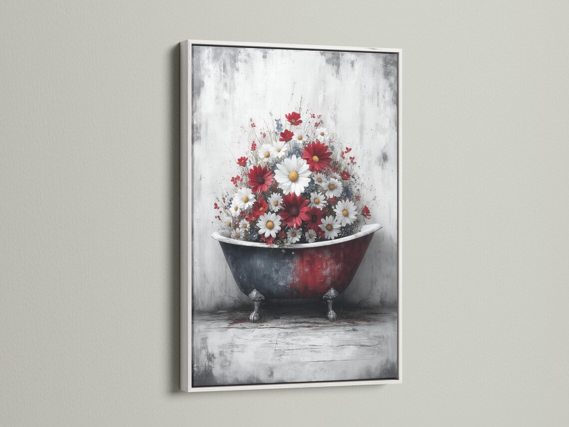 Vintage bathtub filled with red and white daisies on a distressed grey background detail view