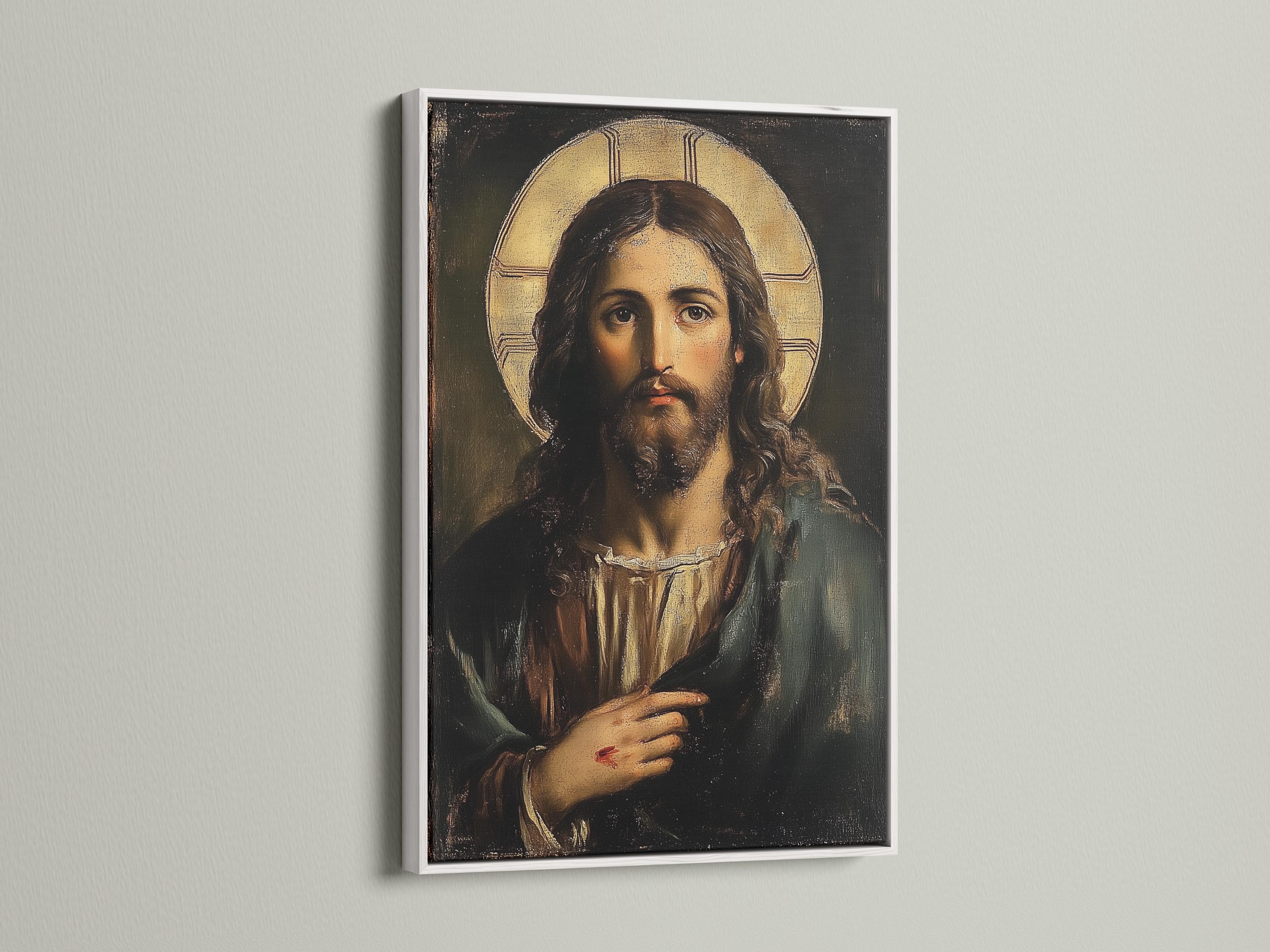 Jesus portrait with long dark hair and a glowing gold halo detail view