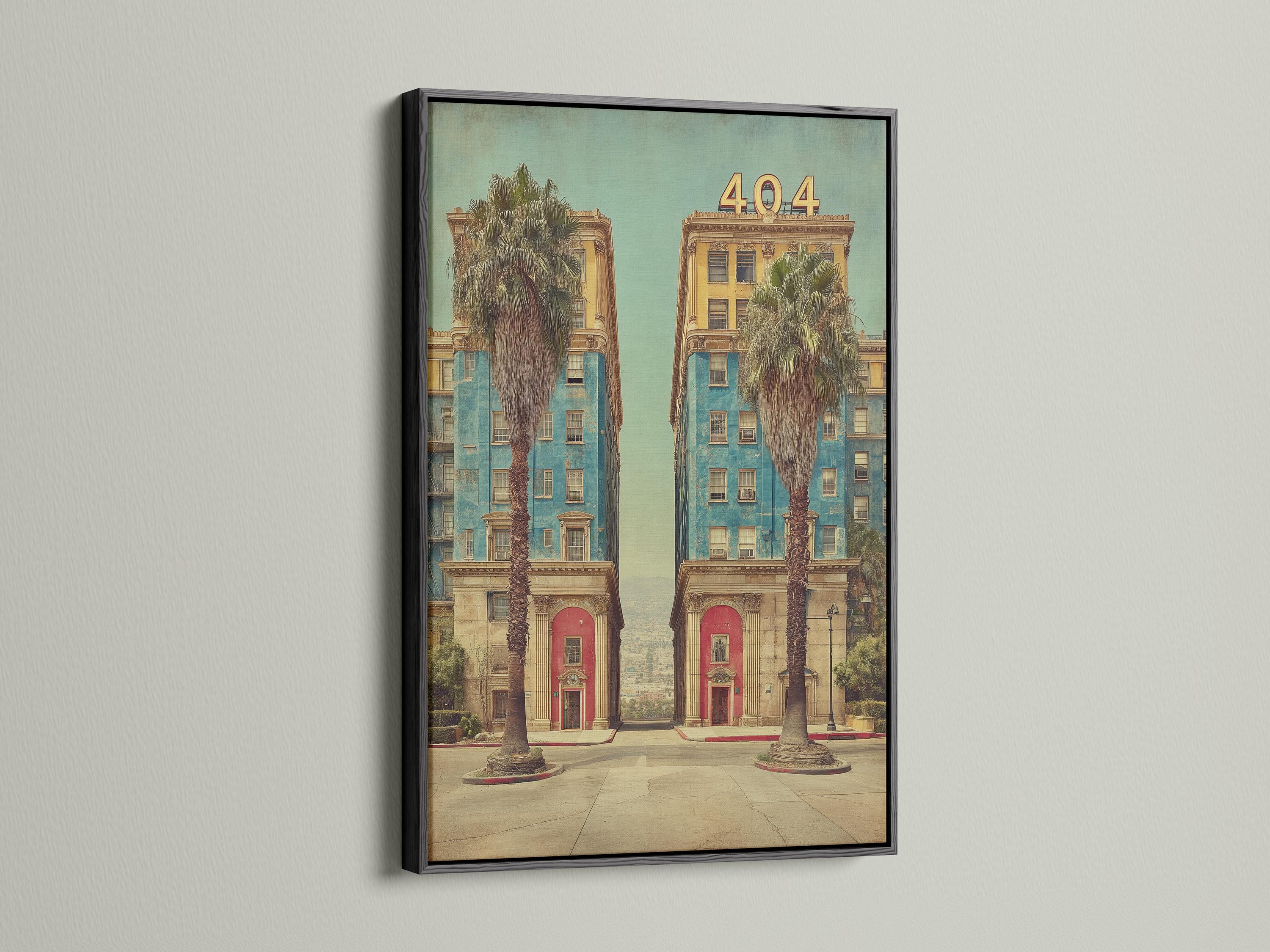 Retro hotel architecture scene with palm trees and large “404” numbers detail view
