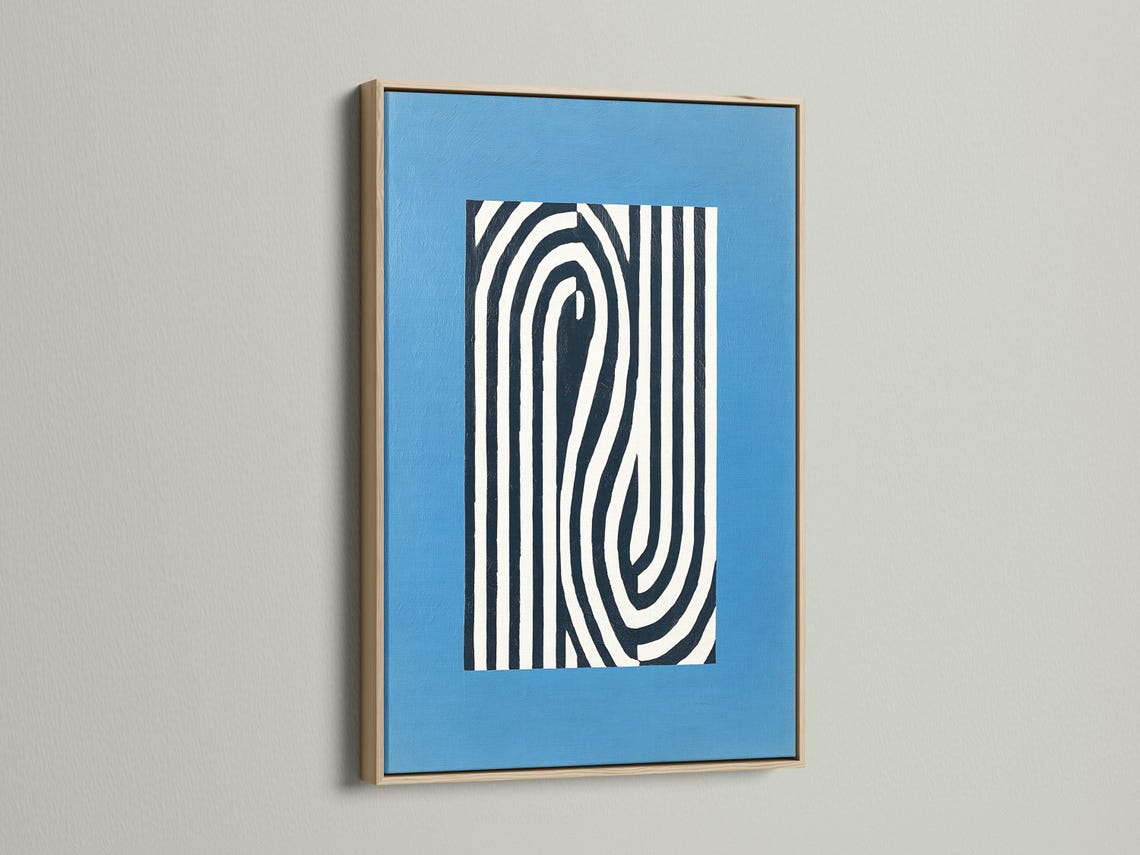 Abstract blue artwork with black and white vertical stripes and curved concentric lines detail view