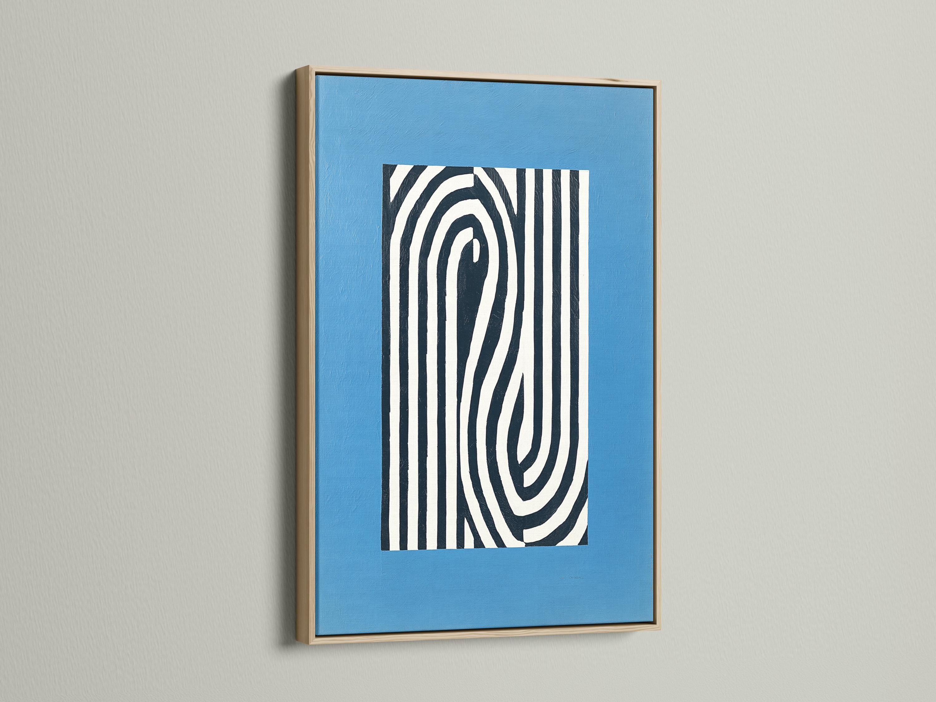 Abstract blue artwork with black and white vertical stripes and curved concentric lines detail view