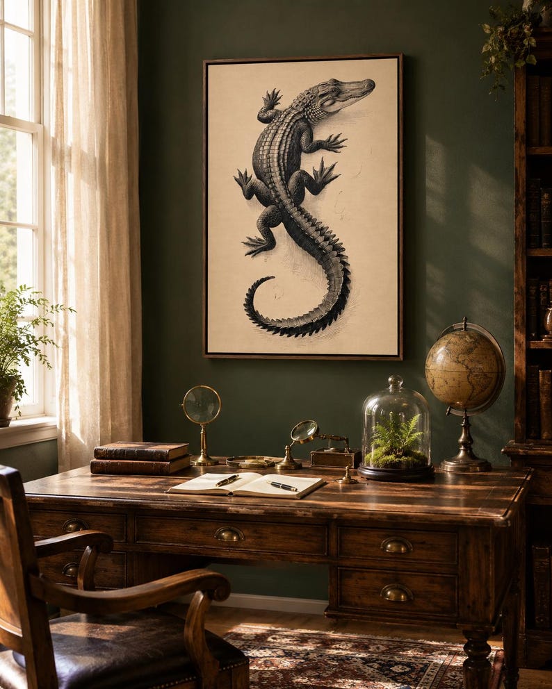 Alligator illustration in black linework on a beige natural history style background