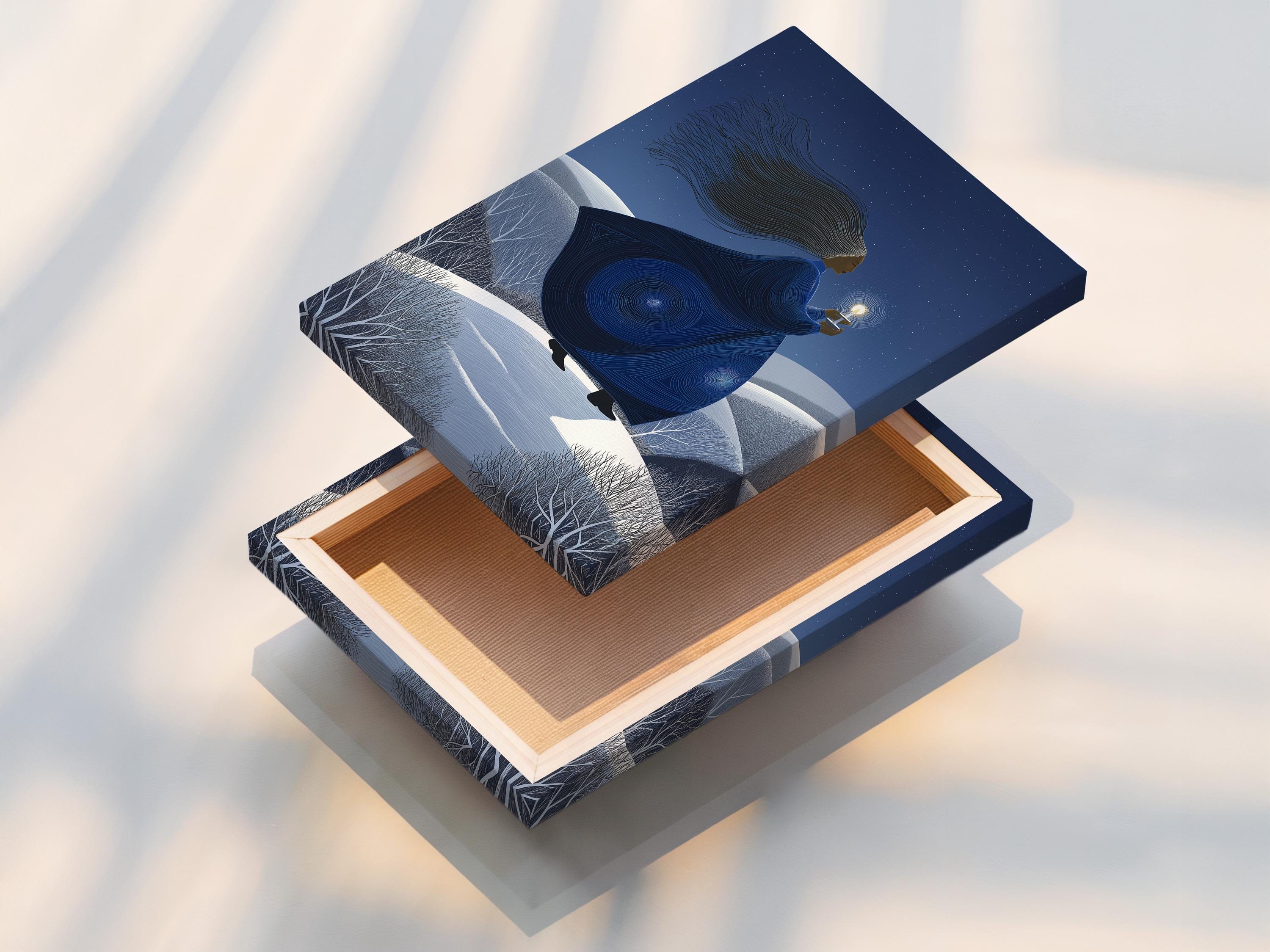 Indigo winter night artwork of a woman holding a glowing lantern above snowy hills and stars detail view