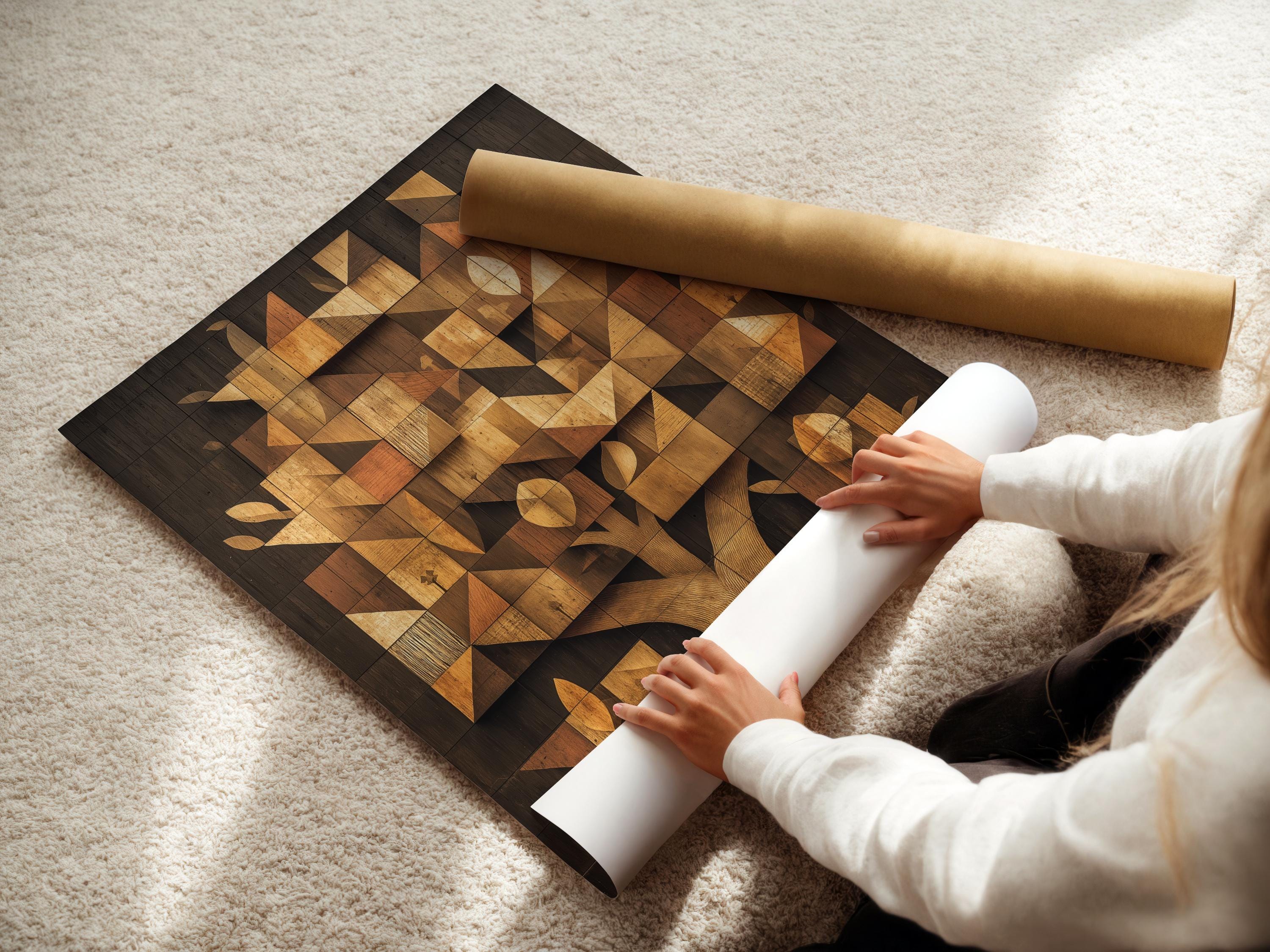 Geometric tree mosaic artwork with interlocking blocks in beige, tan, charcoal and gold tones detail view