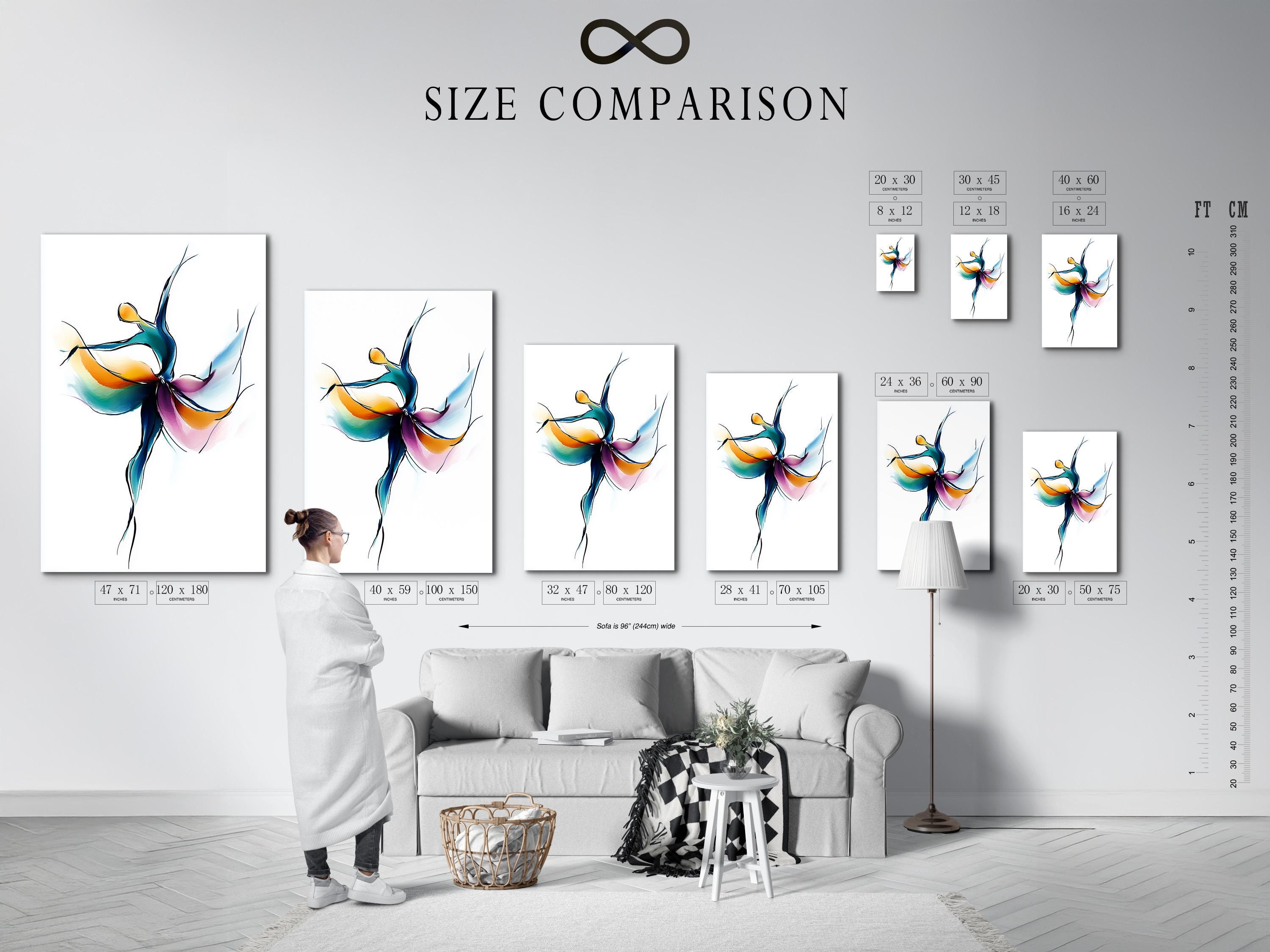 Woman stretching in a dance studio with a framed abstract dancer artwork on the wall