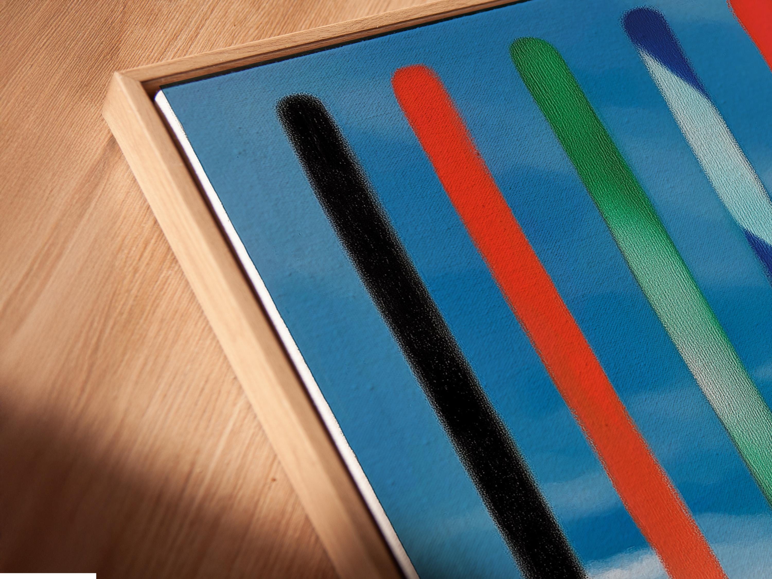 Abstract vertical stripes artwork with blue sky bands and black, red, green, and off-white bars detail view