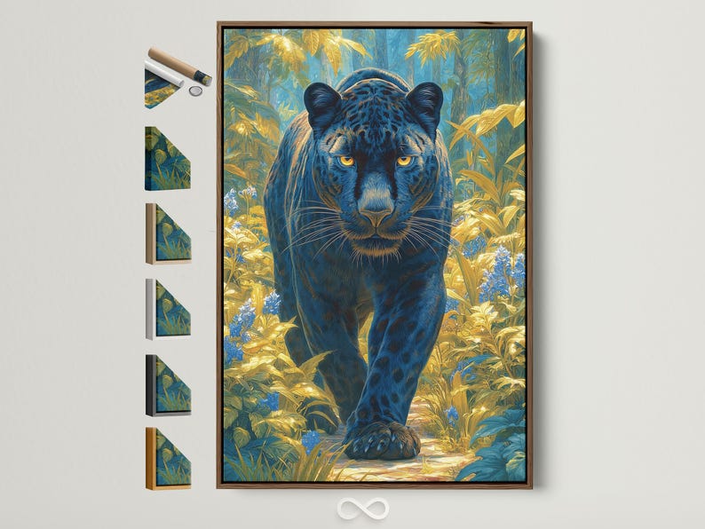Stylised big cat with glowing golden eyes in a blue and gold jungle scene