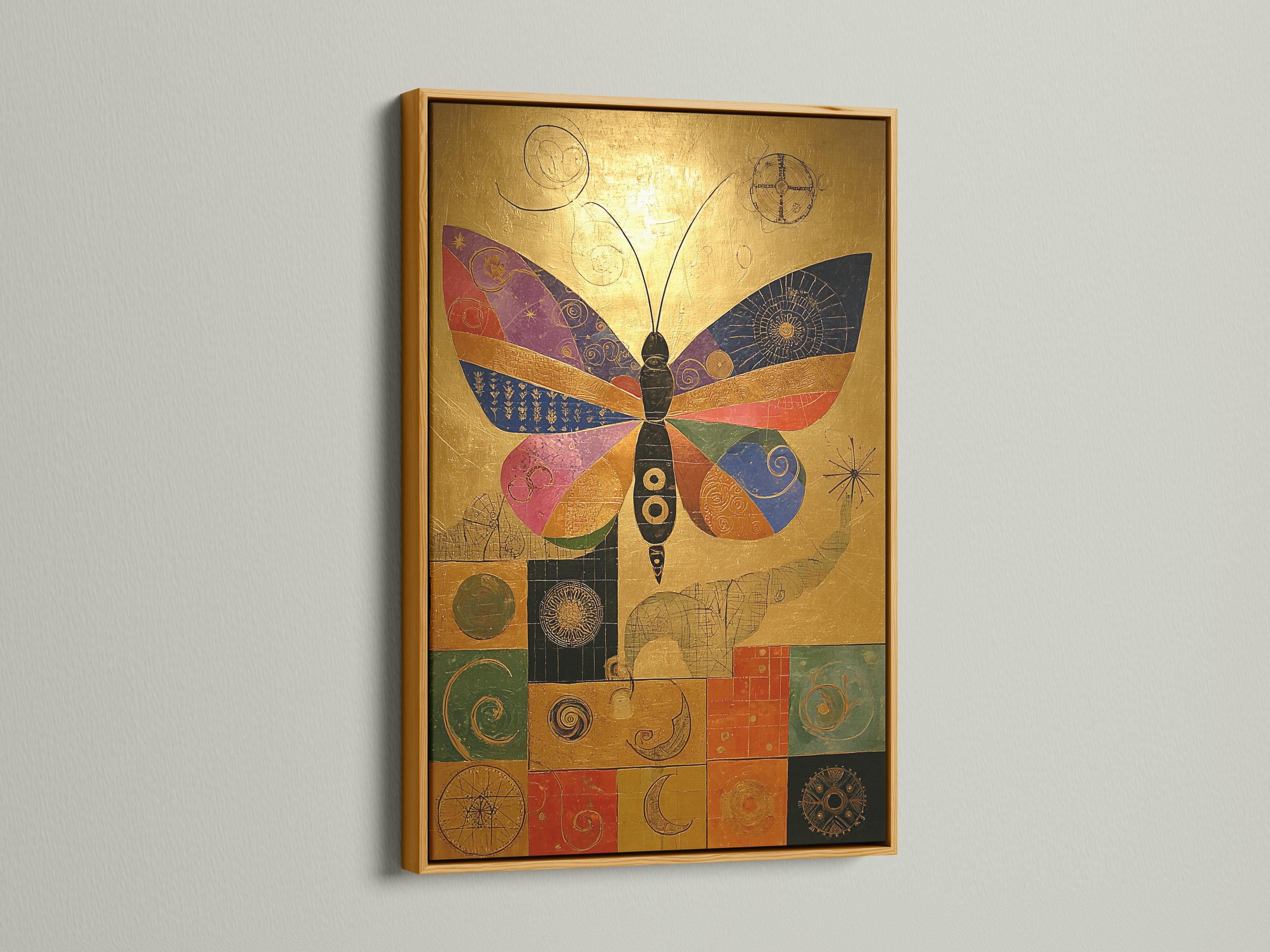 Artwork mockup showing a gold butterfly design in a frame with tile-like geometric details