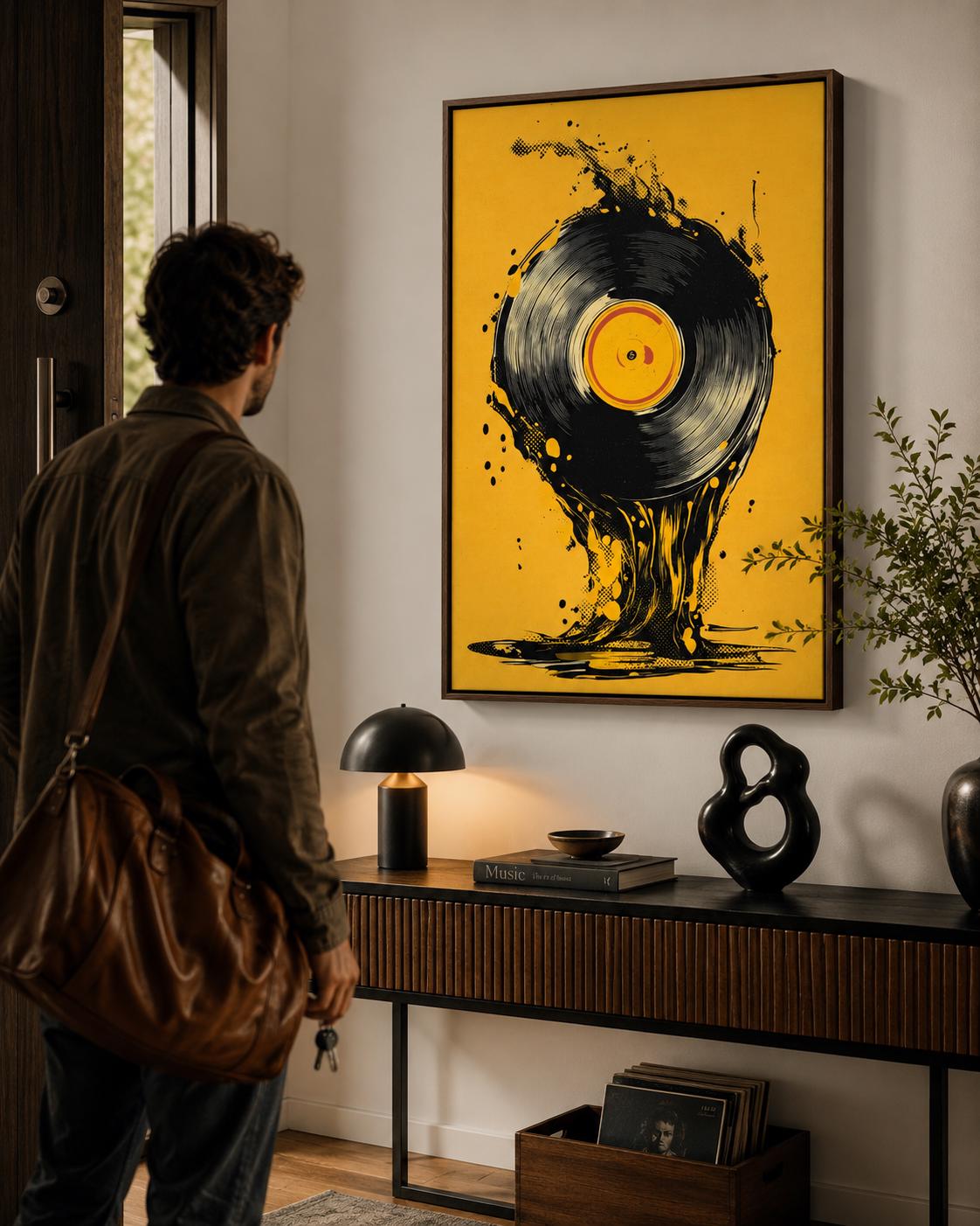 A man wearing headphones beside a music setup with a vinyl record artwork on a wall