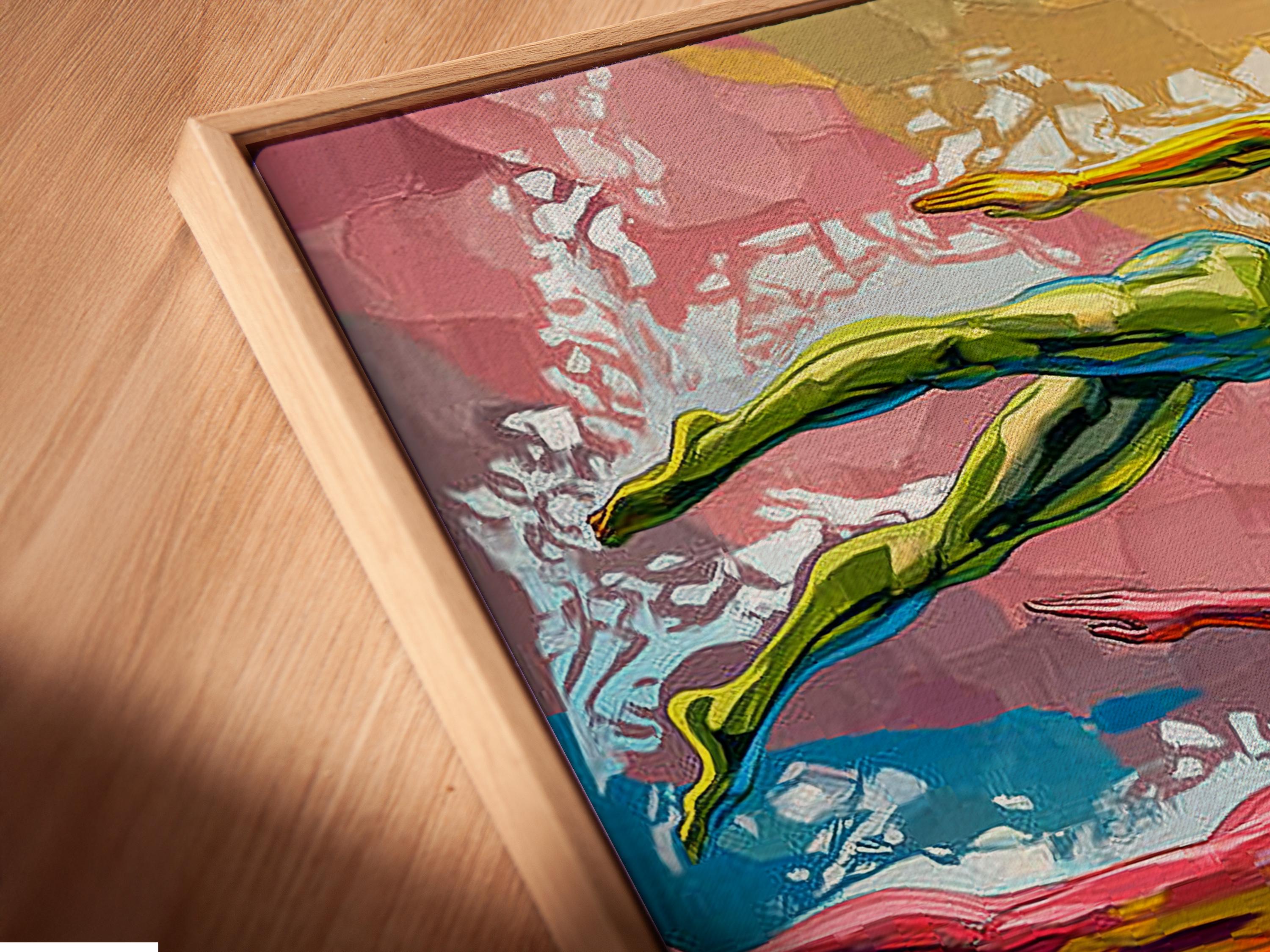 Room mockup showing a framed swimmer artwork on a light wall