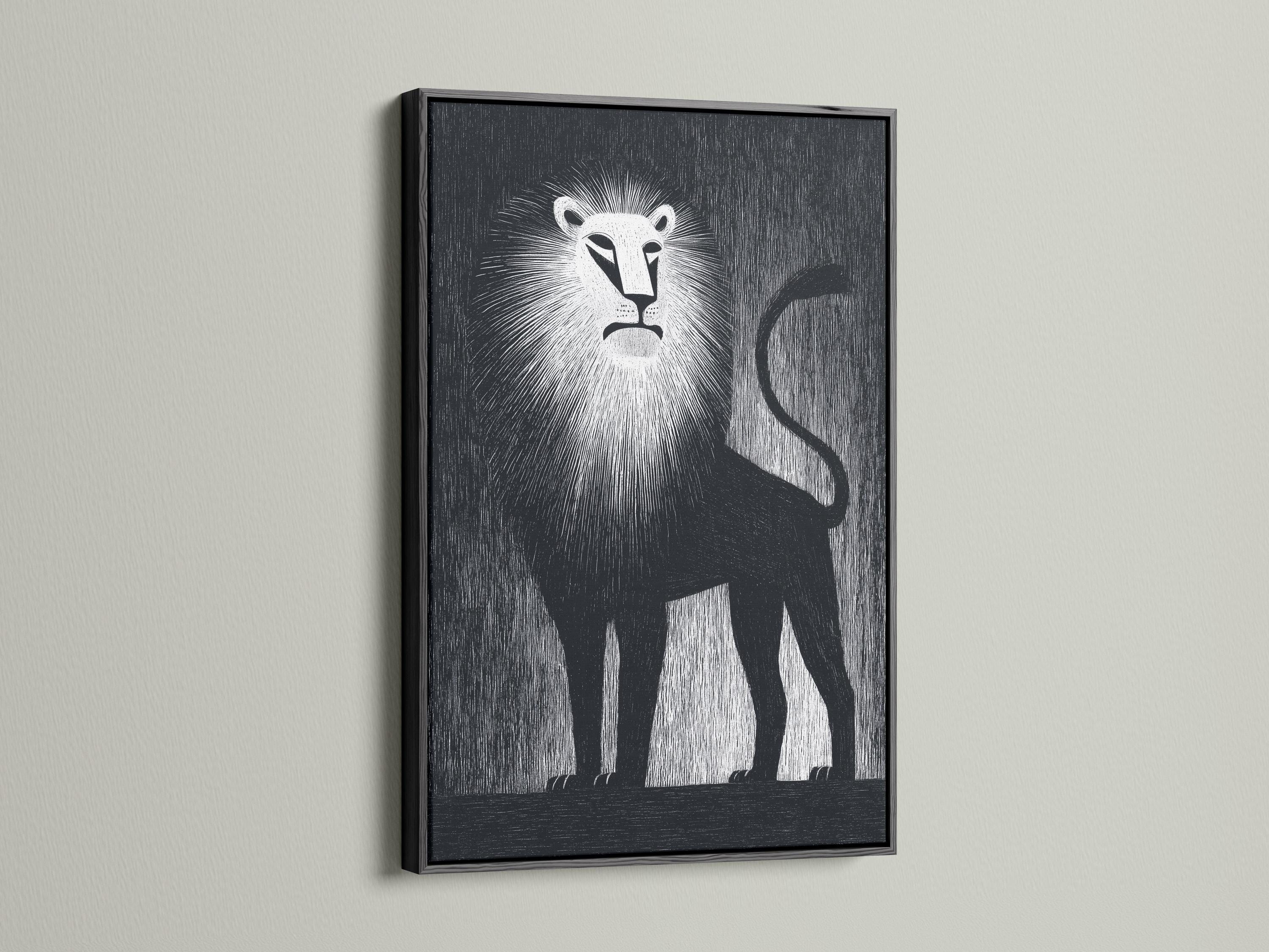 A person standing beside a framed black and white lion artwork in a modern interior