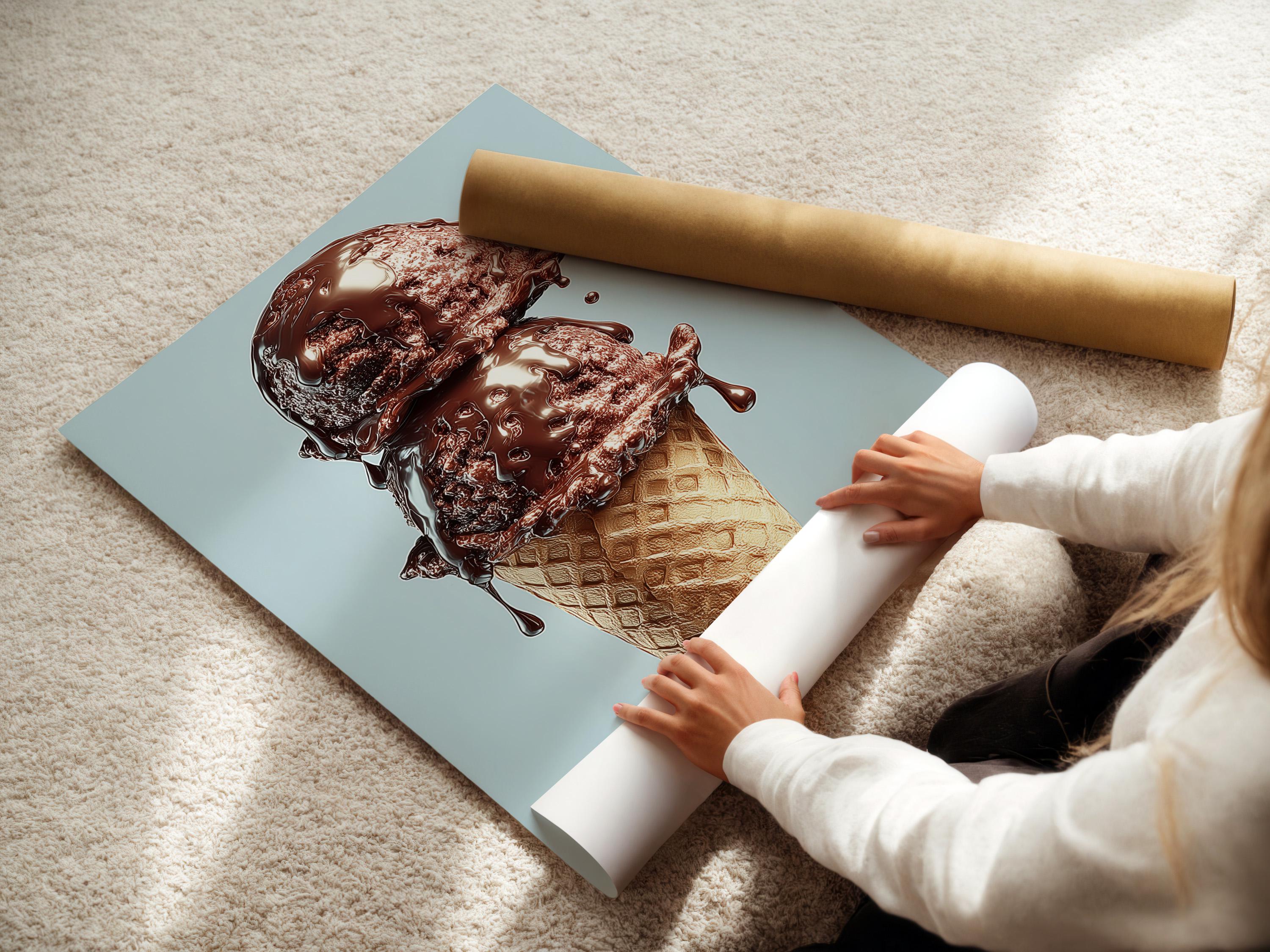 Chocolate ice cream cone illustration on a light blue background detail view