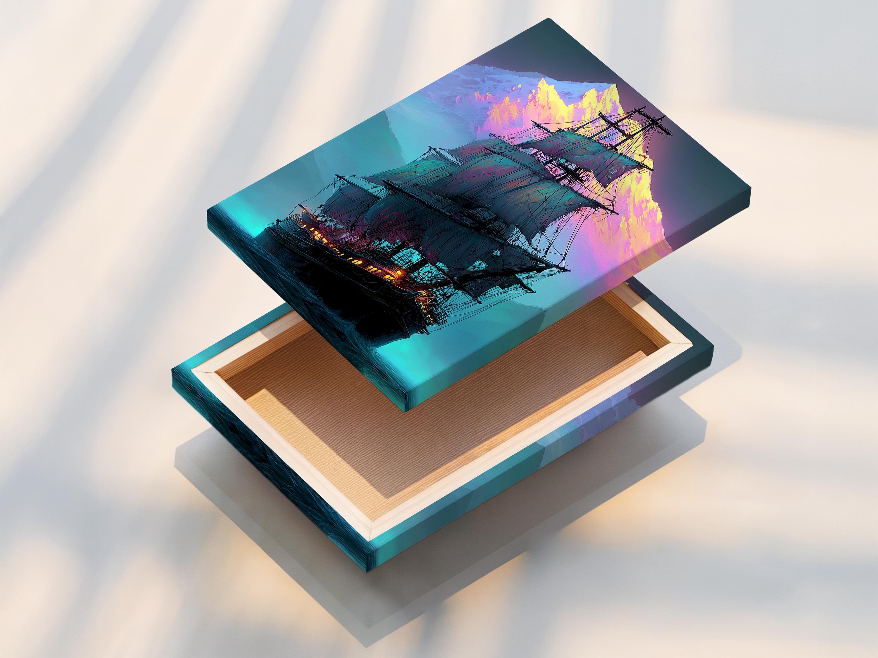 Neon-coloured sailing ship with teal ocean waves and glowing purple mountains detail view