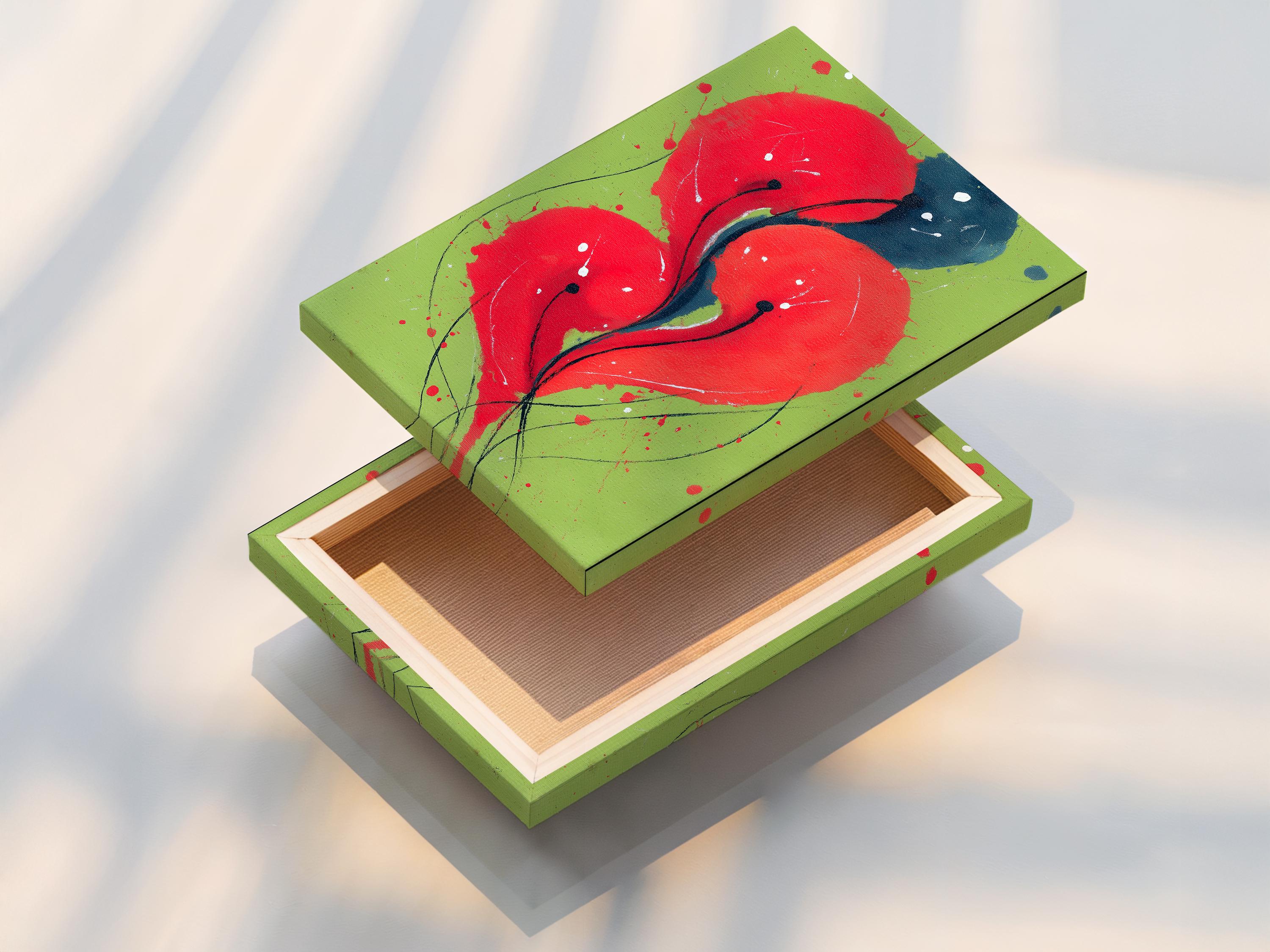 Abstract floral artwork with red blooms and deep blue petals on a lime green background detail view