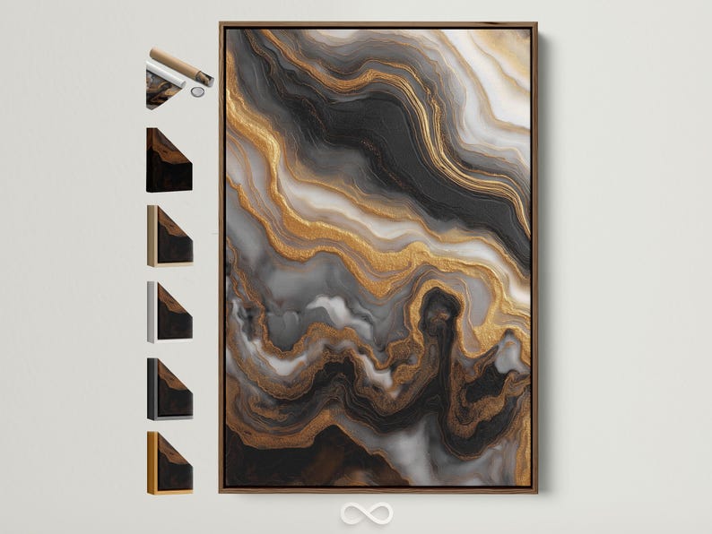 Abstract marble-like design with black and grey swirls and gold vein lines