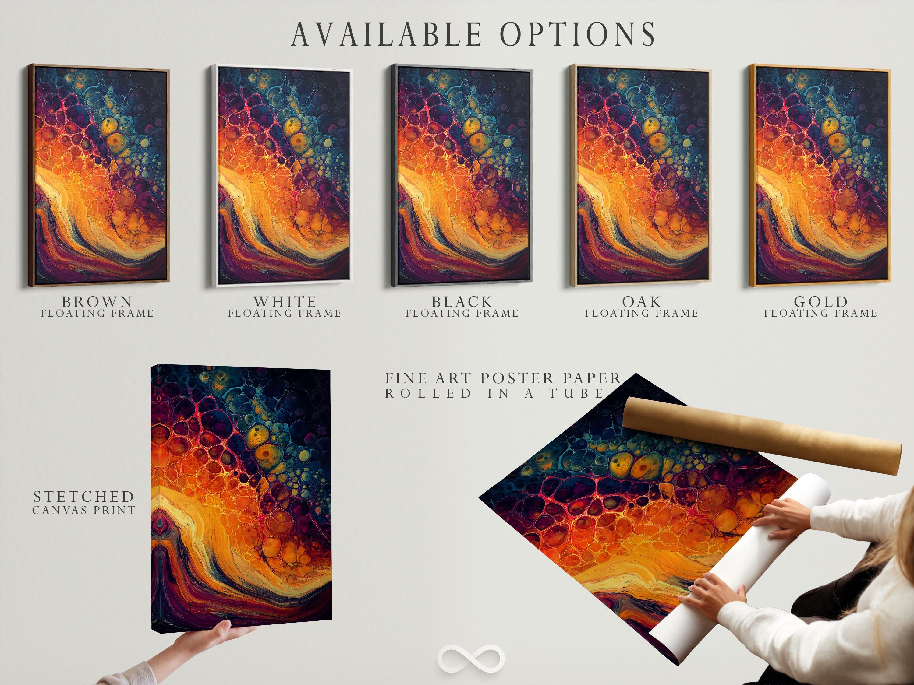 Abstract fluid artwork with orange and teal swirls and bubble-like circles detail view