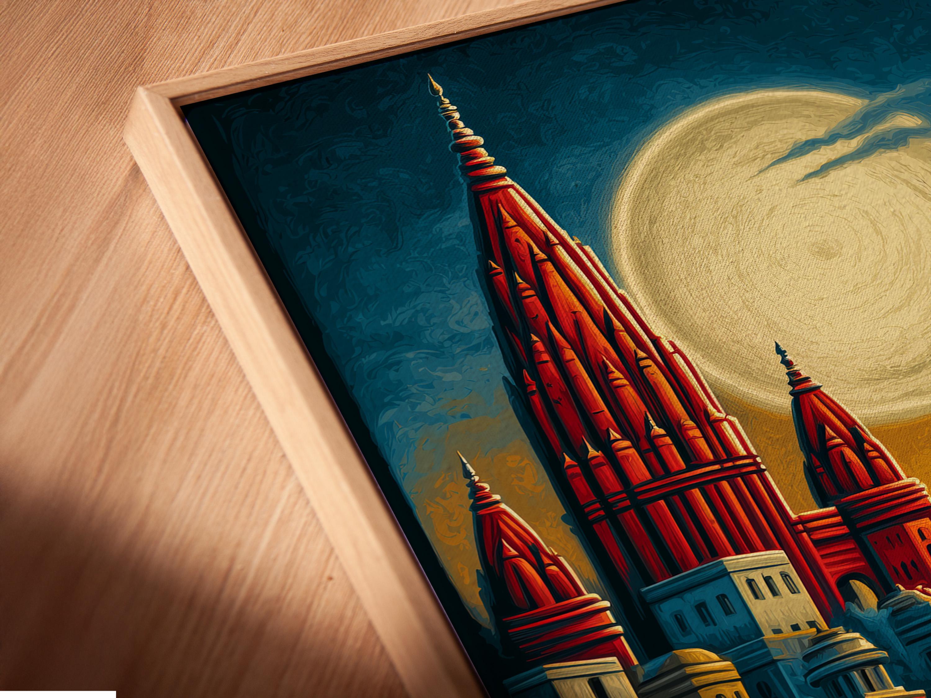 Moonlit harbour cityscape with red spires, boats, and a large pale moon over reflective water detail view