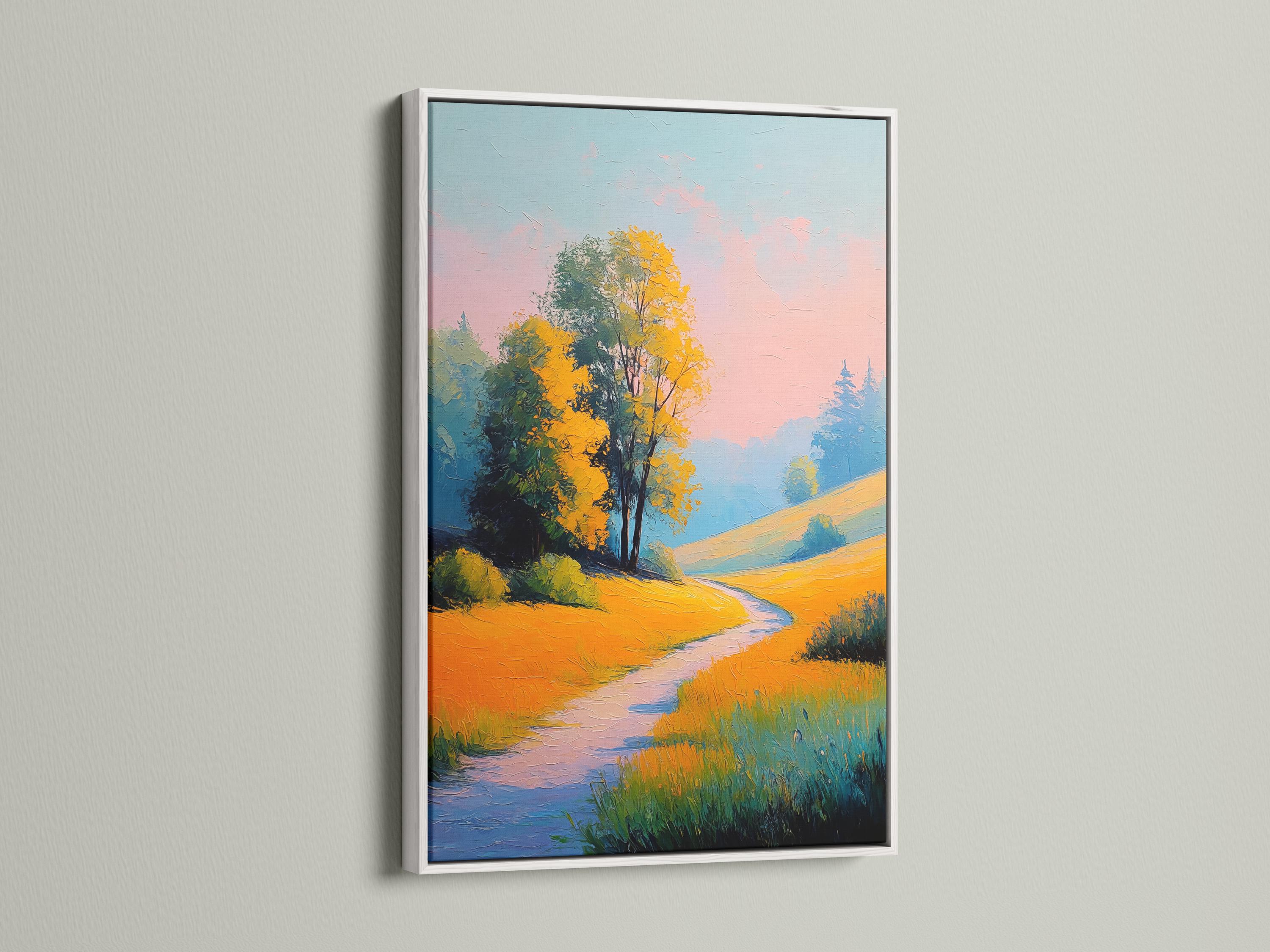 Painterly countryside landscape with a lone tree, golden fields, winding path and pastel pink-blue sky detail view