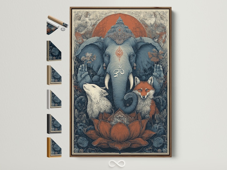 Ornate spiritual animal illustration of a blue elephant with an om symbol, fox and wolf in a forest scene