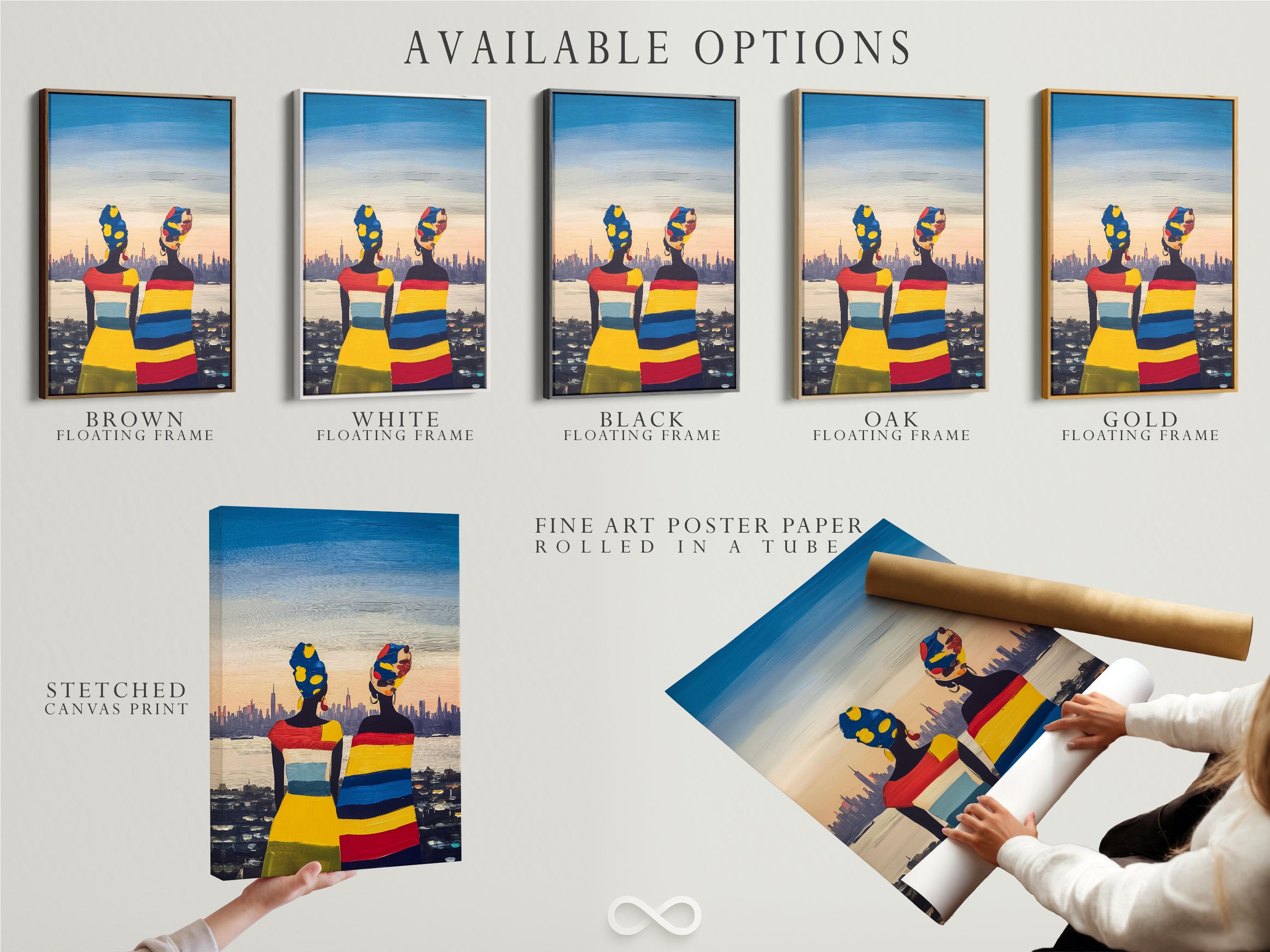 Framed artwork mockup showing two stylised women figures in bright colours with a city skyline background