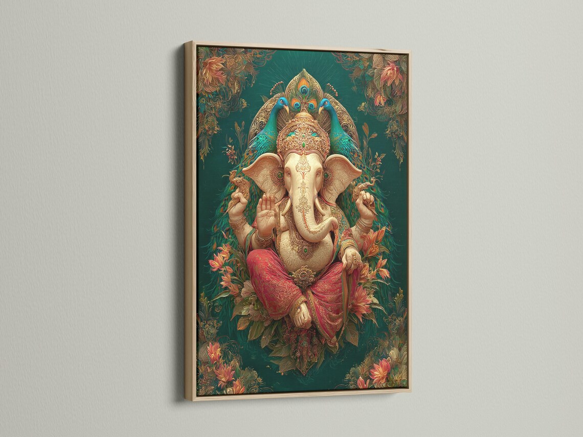 A richly coloured elephant-headed deity figure sits front-facing, surrounded by ornate floral vines on a deep green patterned background detail view