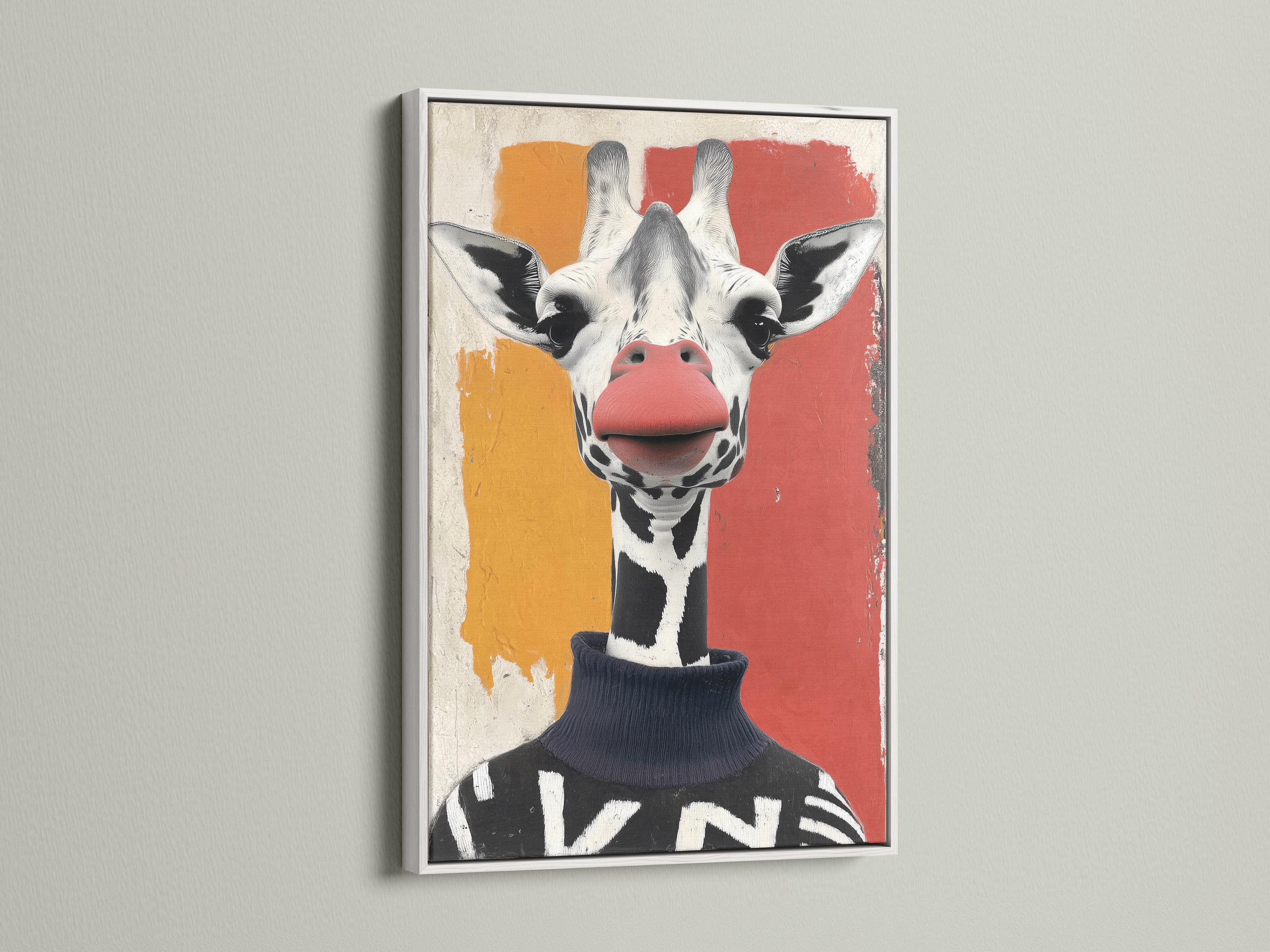 Stylised giraffe portrait with a red nose and black-and-white spots on a textured off-white background detail view
