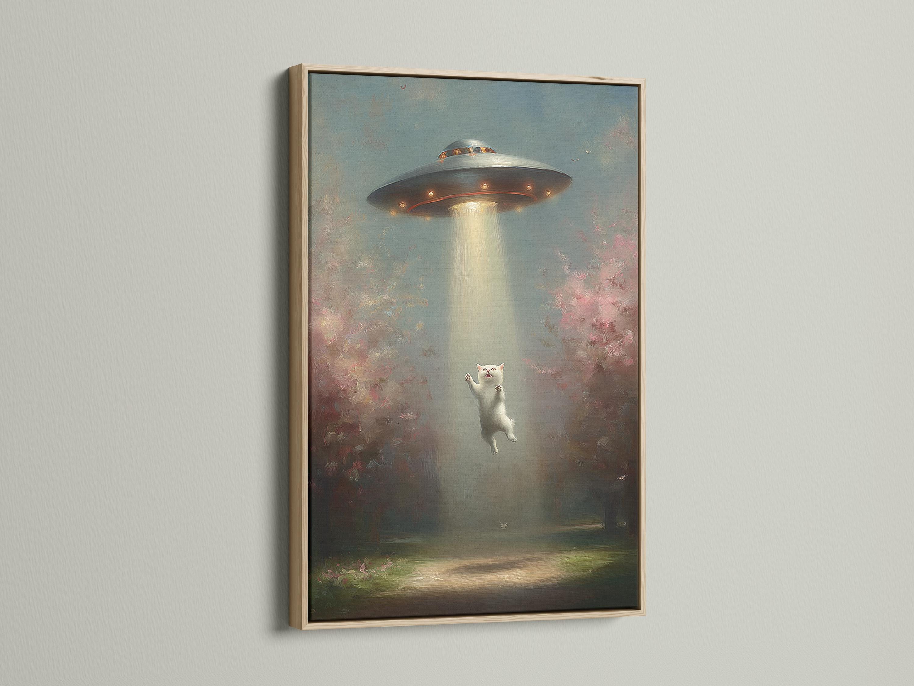 Surreal night scene of a floating white cat under a glowing UFO beam, with misty clouds and bird silhouettes detail view