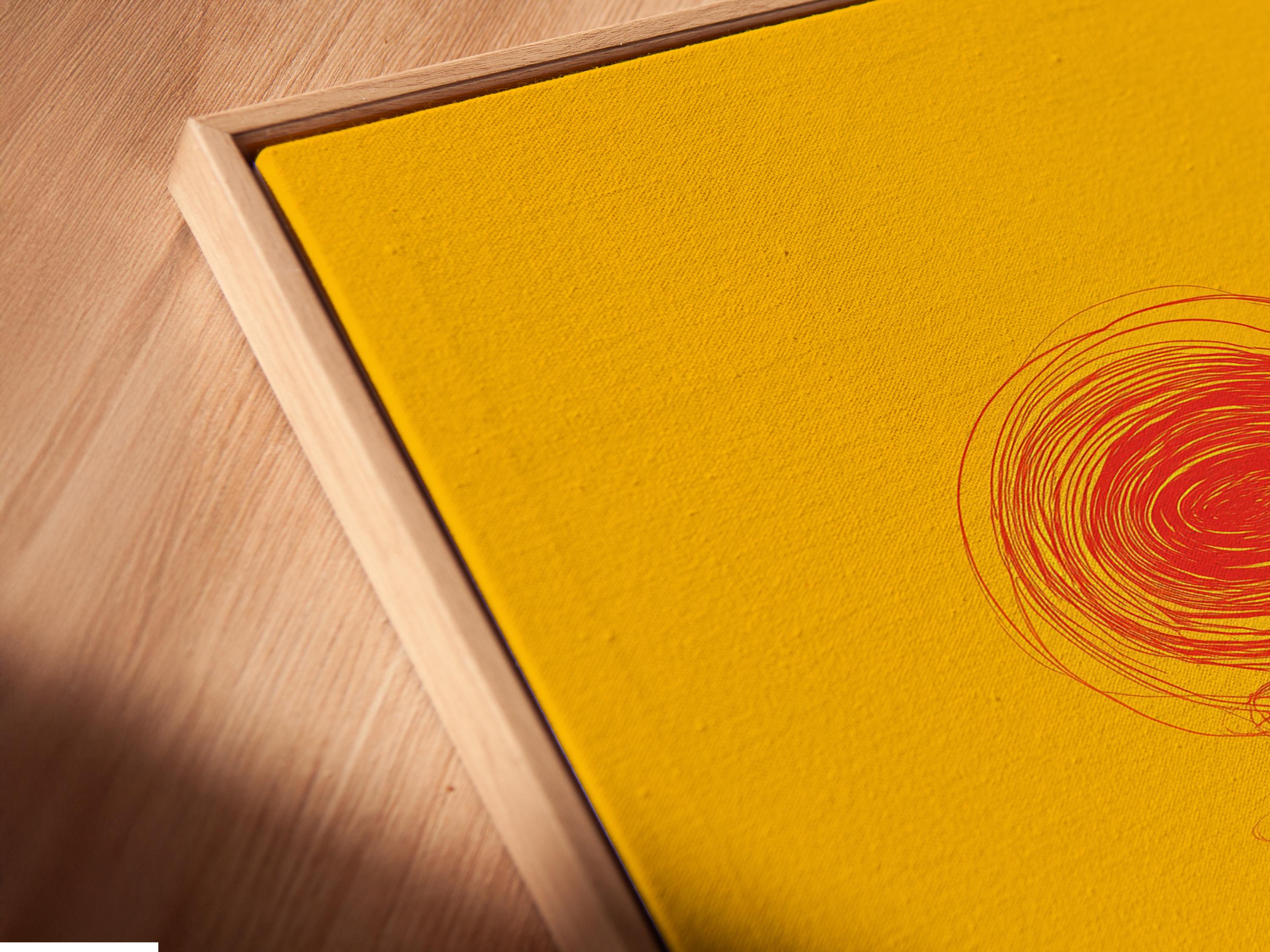 Red swirling lightbulb idea above a dark figure on a bright yellow background detail view
