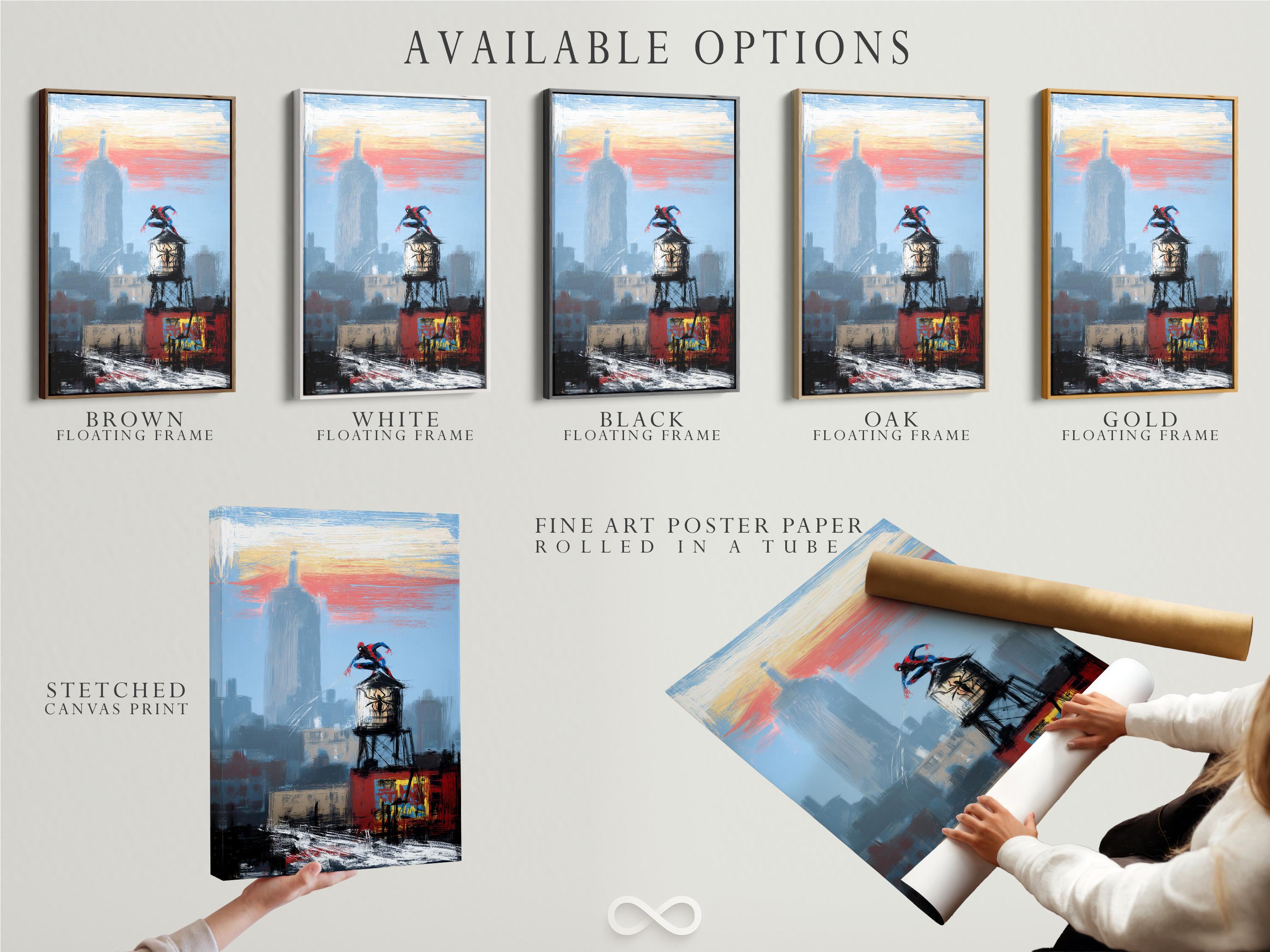 Framed blue city skyline artwork on a wall with a superhero figure and tall tower