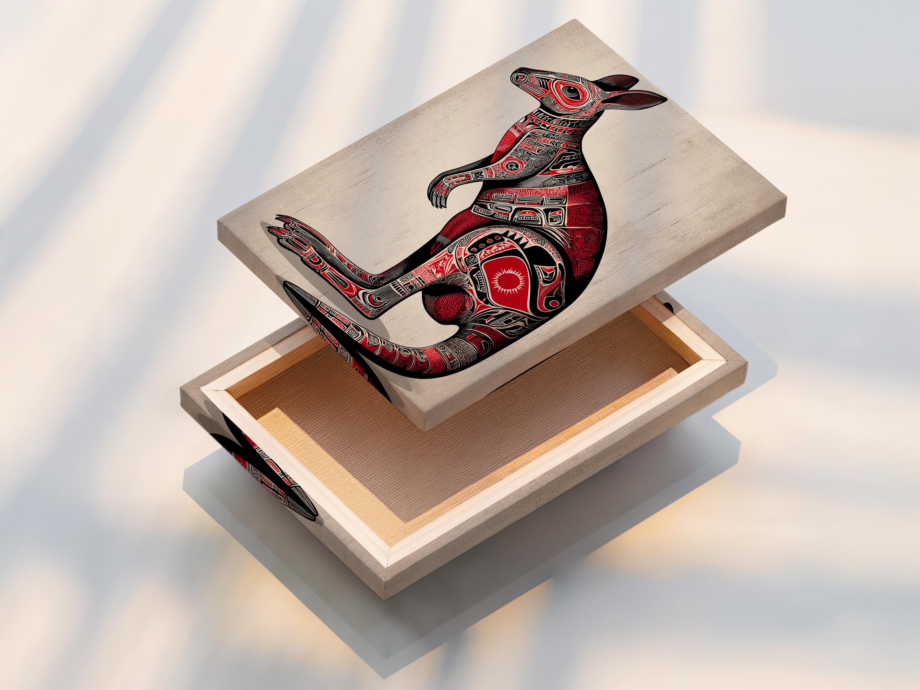 Stylised kangaroo illustration in black and red with detailed tribal patterns detail view