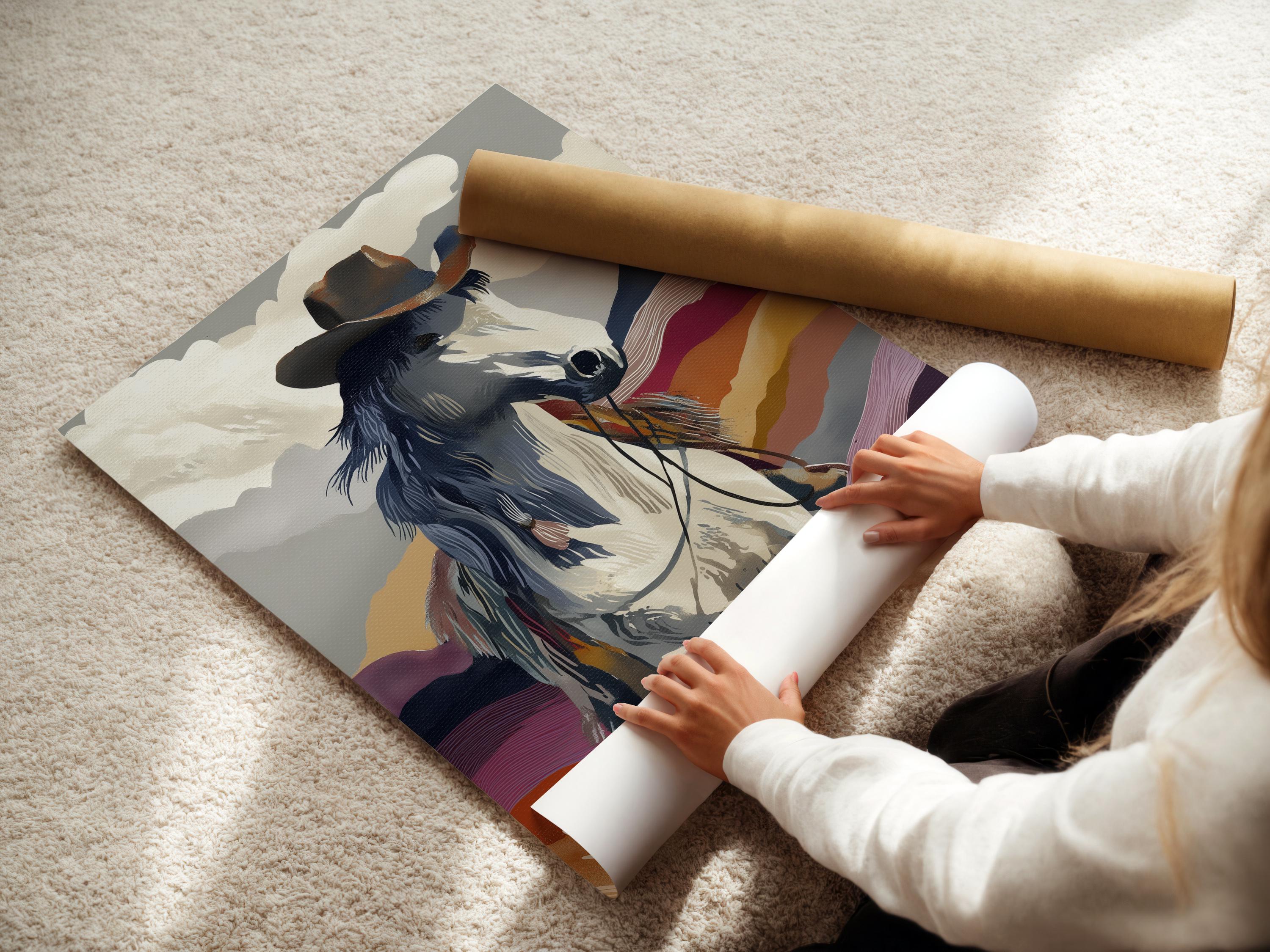 A stylised rearing horse over layered western hills and cloud shapes detail view