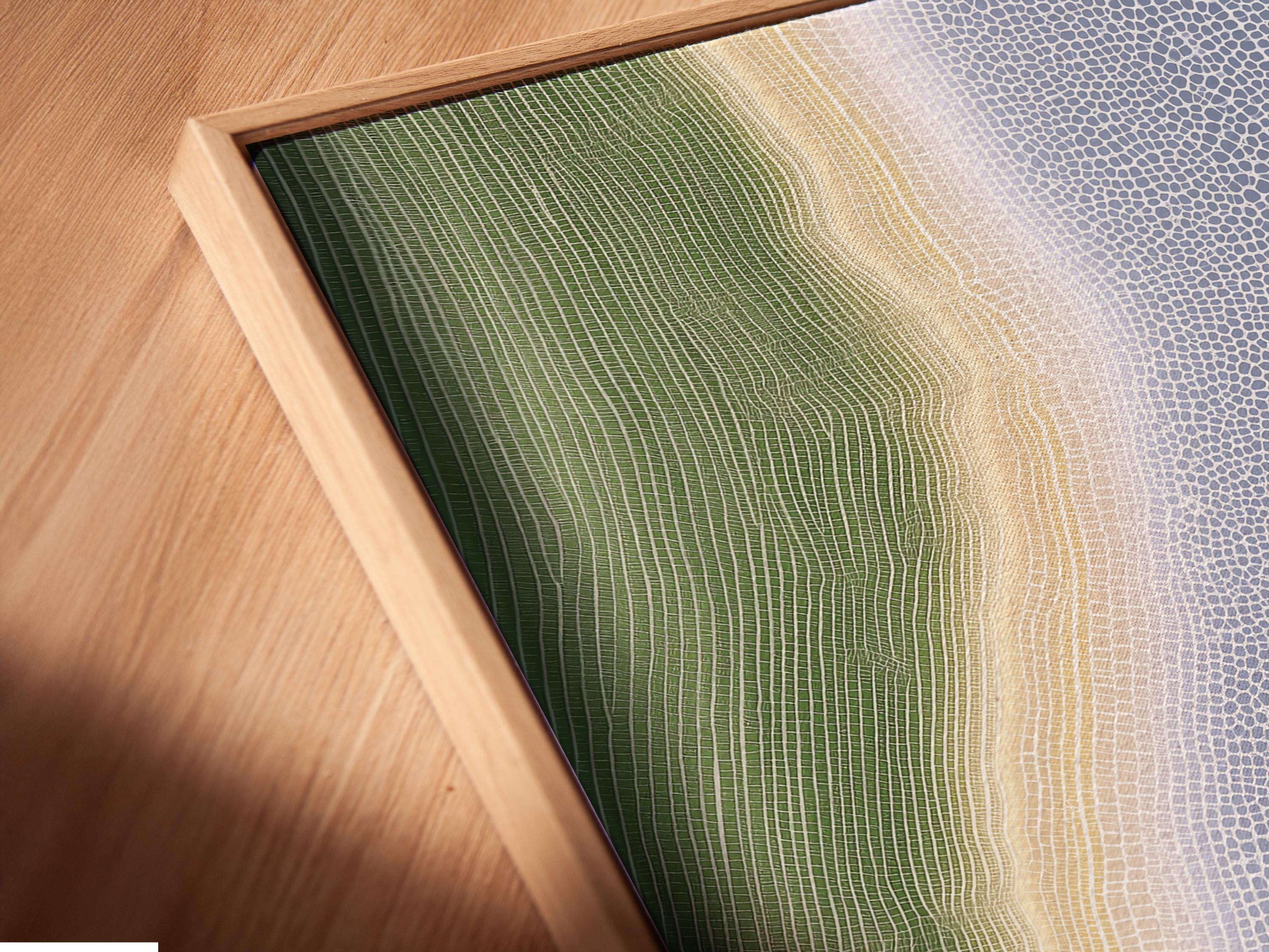Abstract river-like artwork with sage-green contours and a speckled muted-blue textured centre detail view