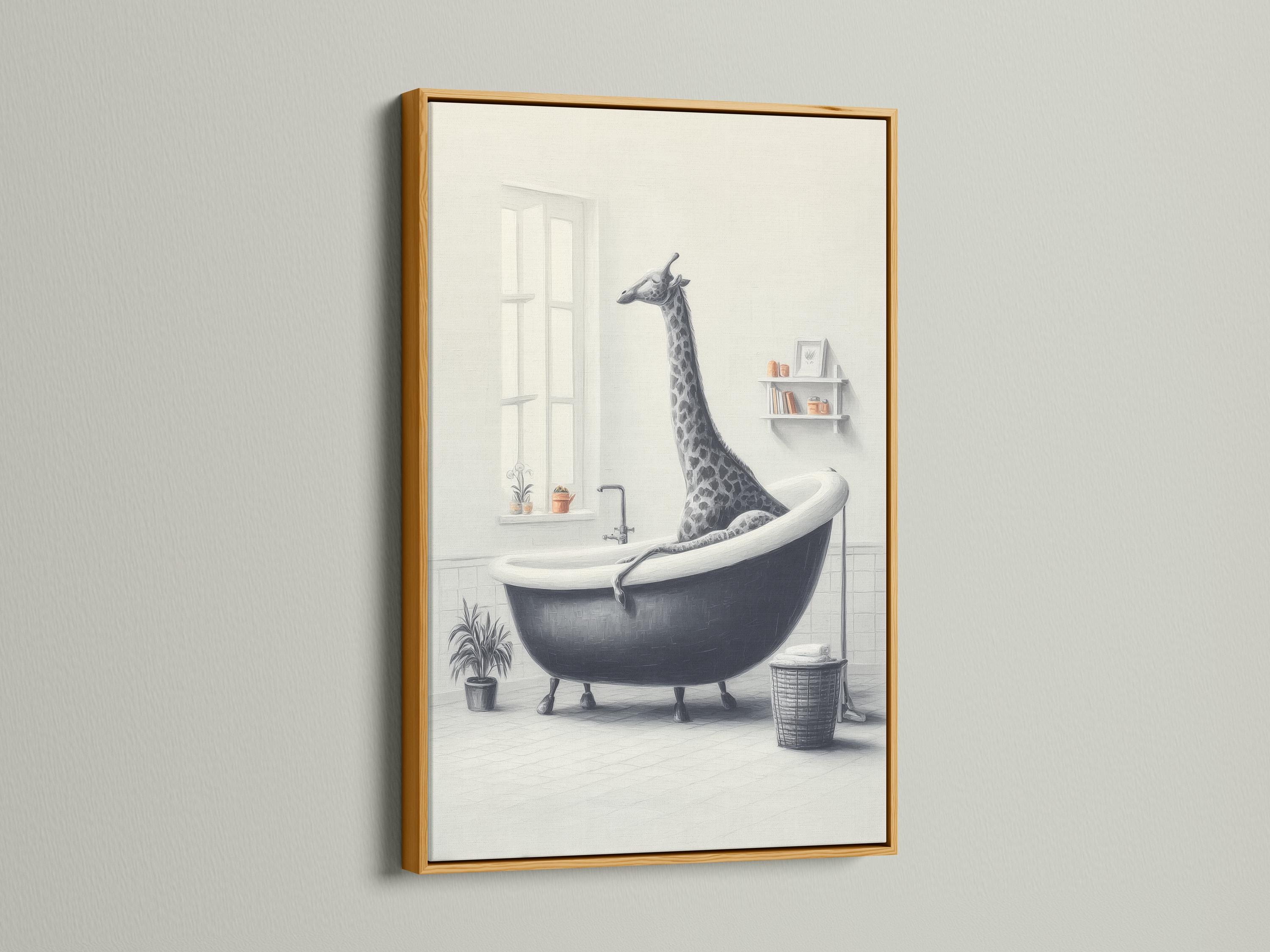 Black-and-white illustration of a giraffe standing in a bathtub in a pale bathroom scene detail view