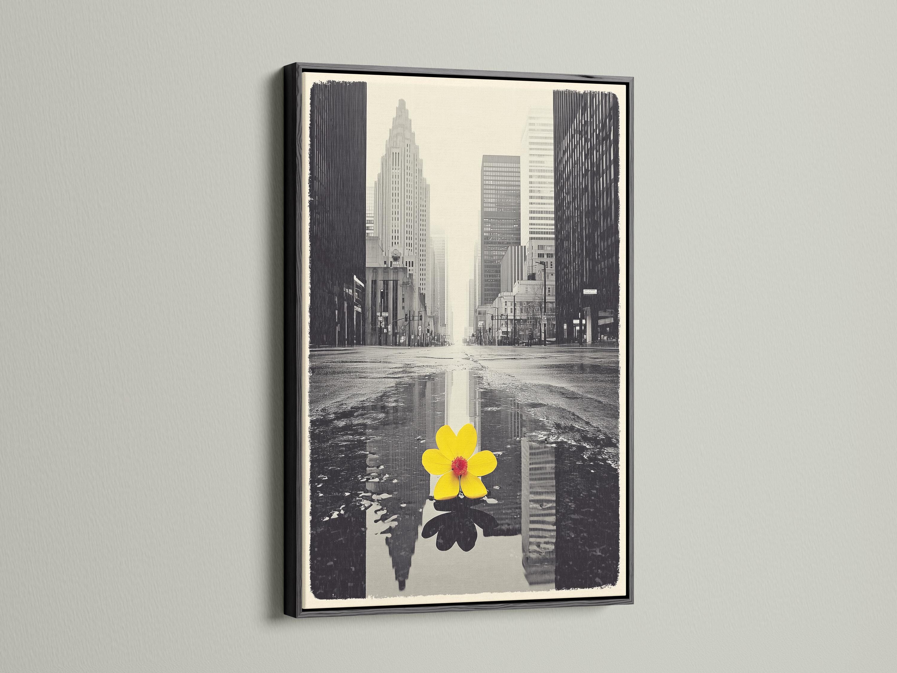 A monochrome city skyline is overlaid with a single bright yellow flower, reflected in water-like bands, creating a high-contrast urban accent detail