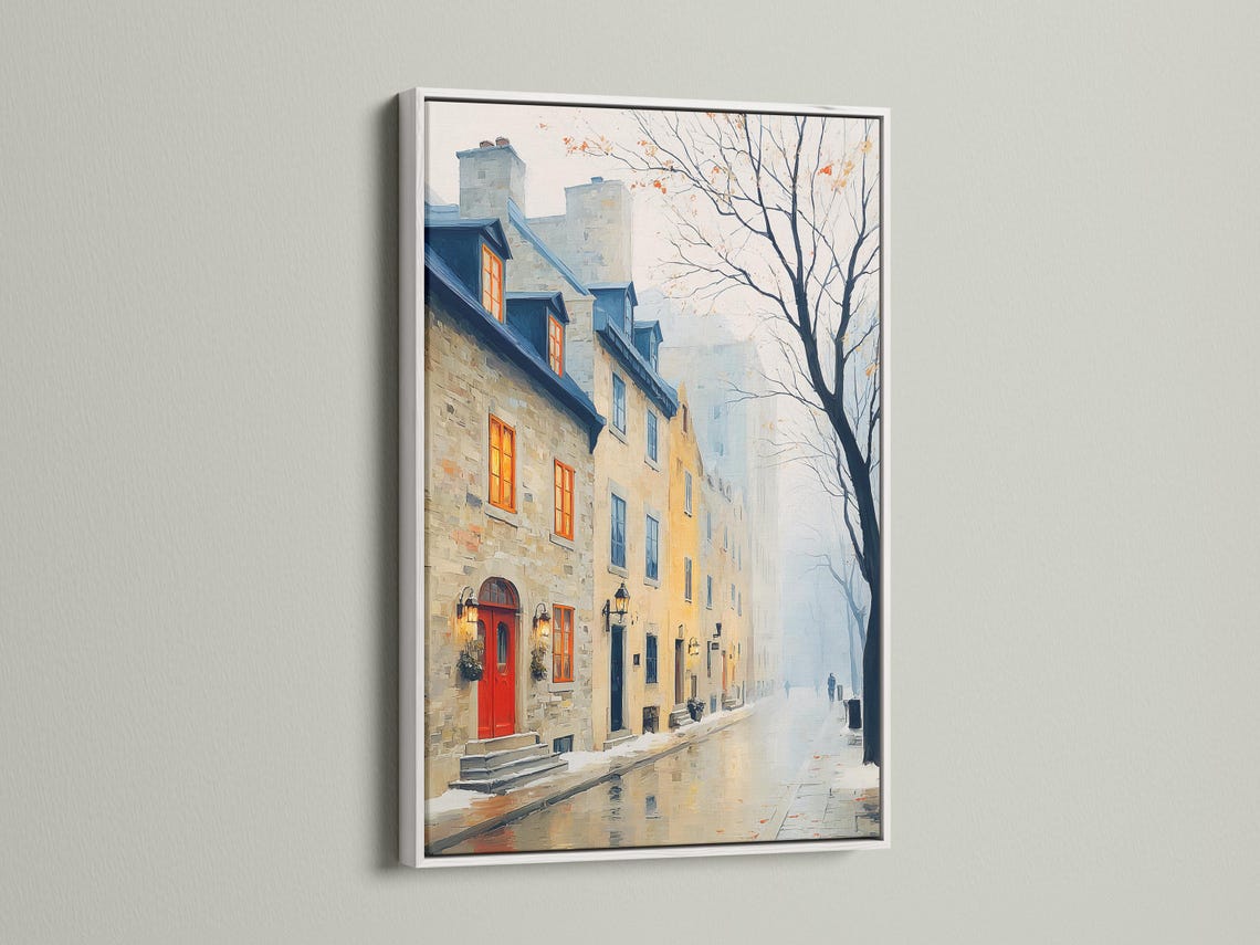 Portrait framed city street artwork mockup with foggy buildings and a red door