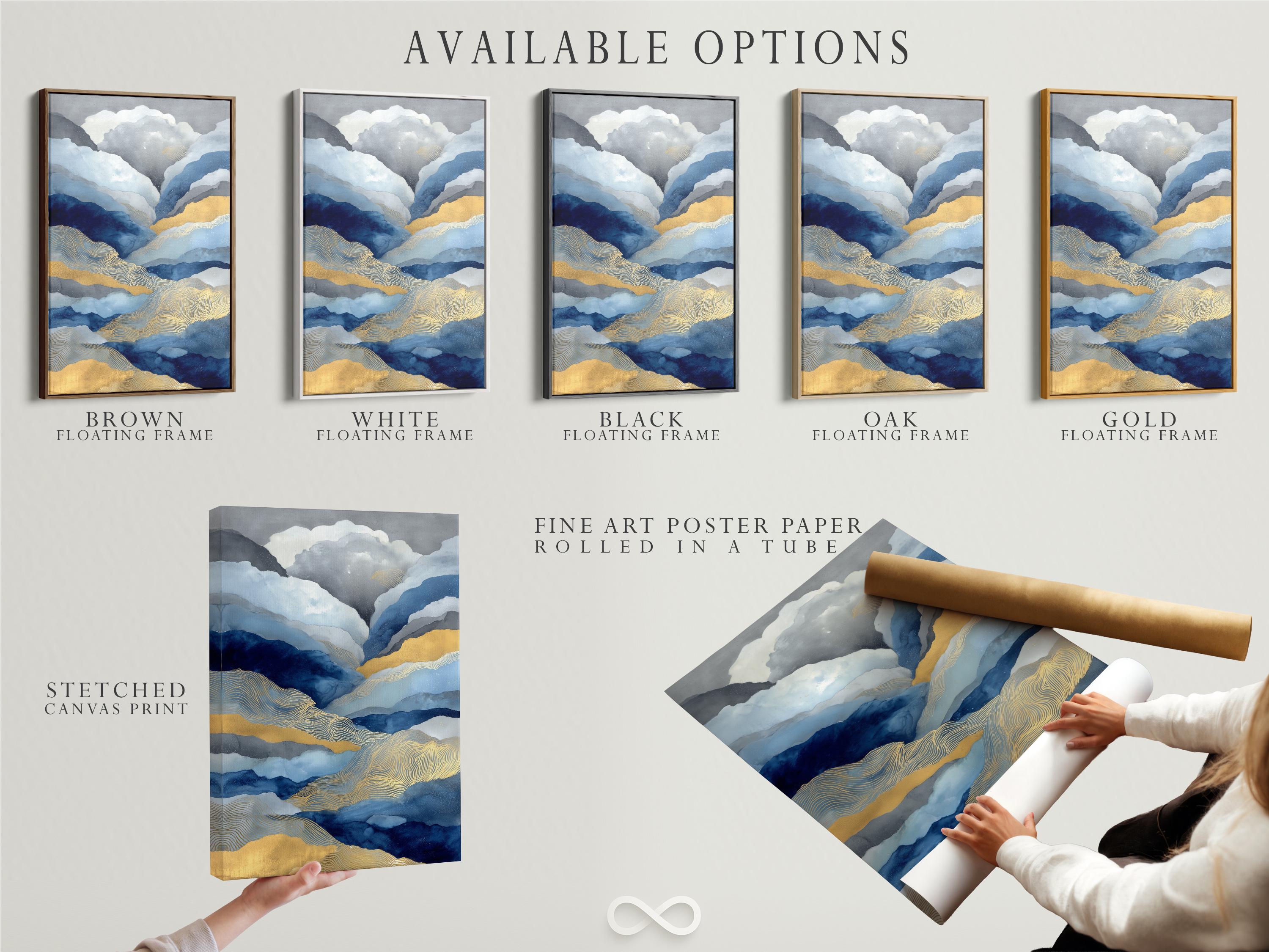 Abstract landscape with layered blue mountains, flowing contour lines, and warm gold highlights detail view