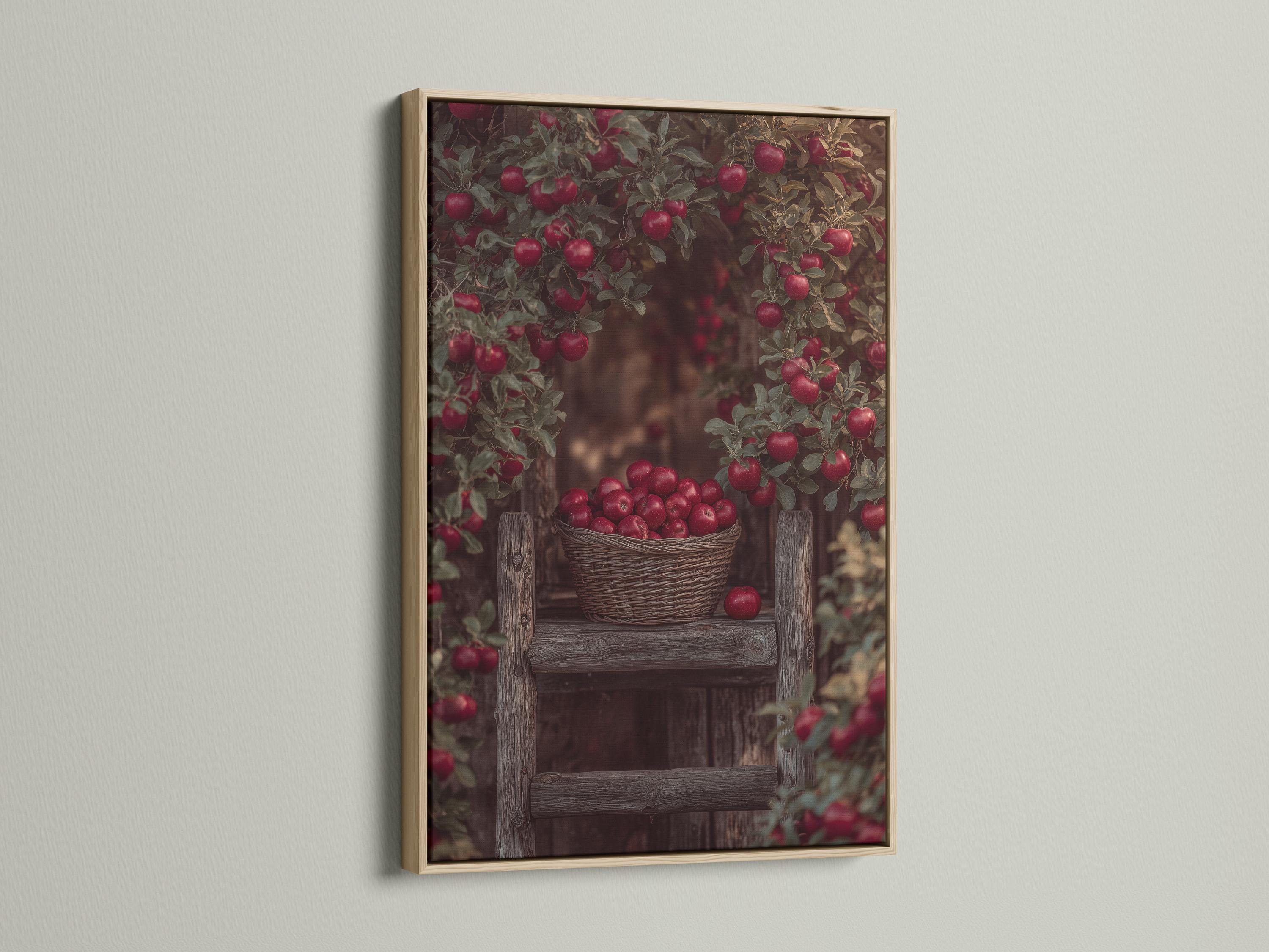 Portrait artwork showing a wicker basket of red apples with leafy branches and a rustic orchard background detail view
