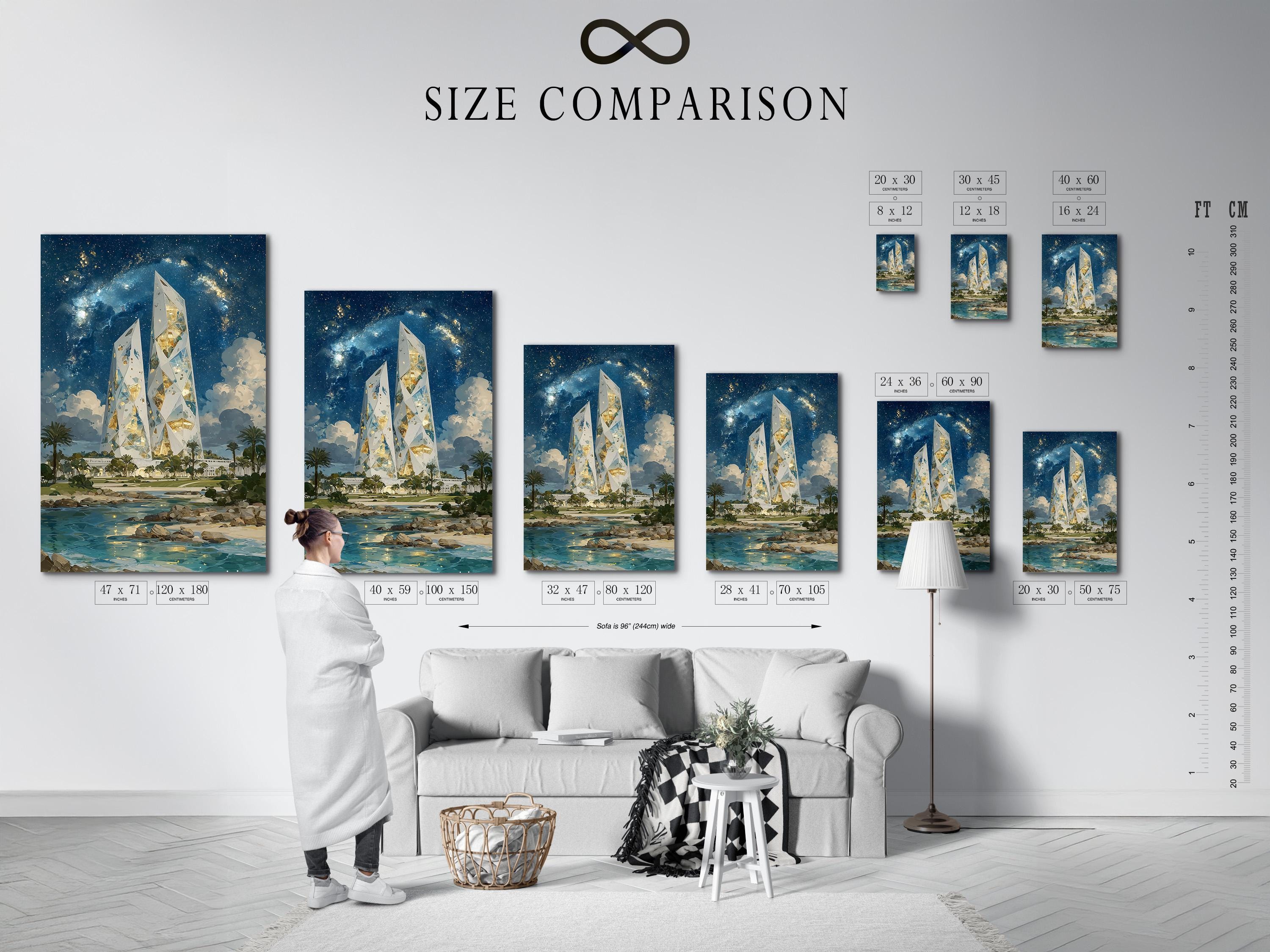 Wall mockup showing a framed artwork of glowing crystal towers over a starry night coastline