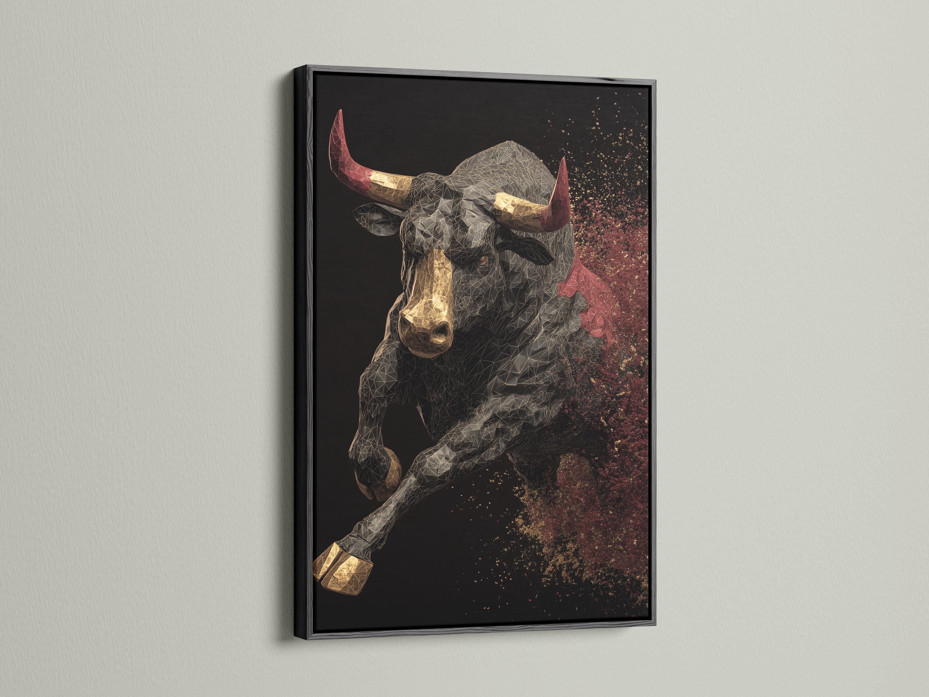 A geometric bull portrait in gold, black and grey sits against a dark background, with red horn accents and a sparkling speckled sky on the right