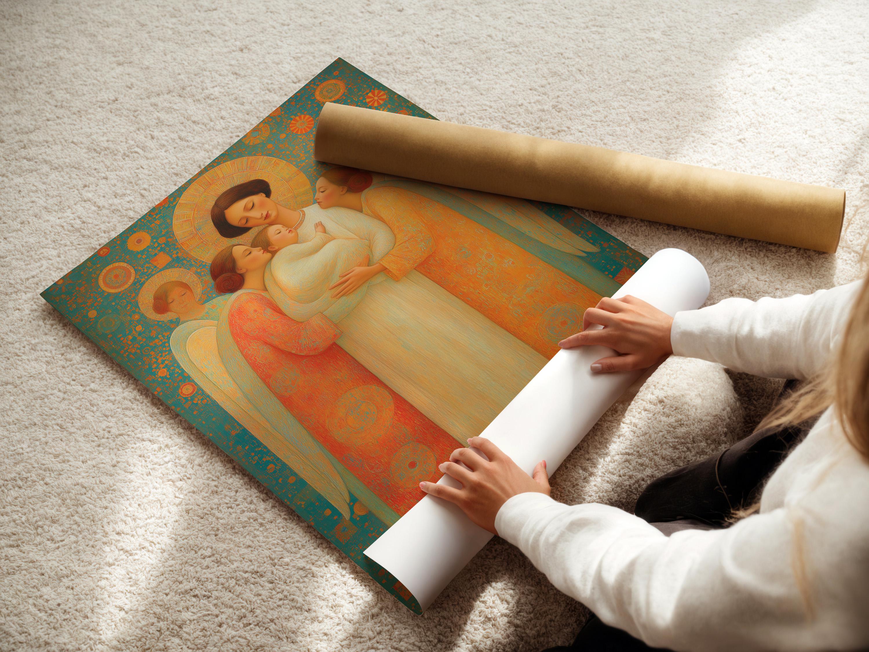 Angel family scene with haloed figures in teal, gold and cream, cradling a baby detail view