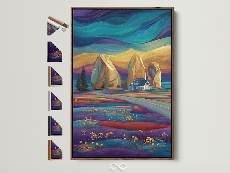 Teal and gold stylised mountain landscape with purple fields, a small house and scattered golden flower heads